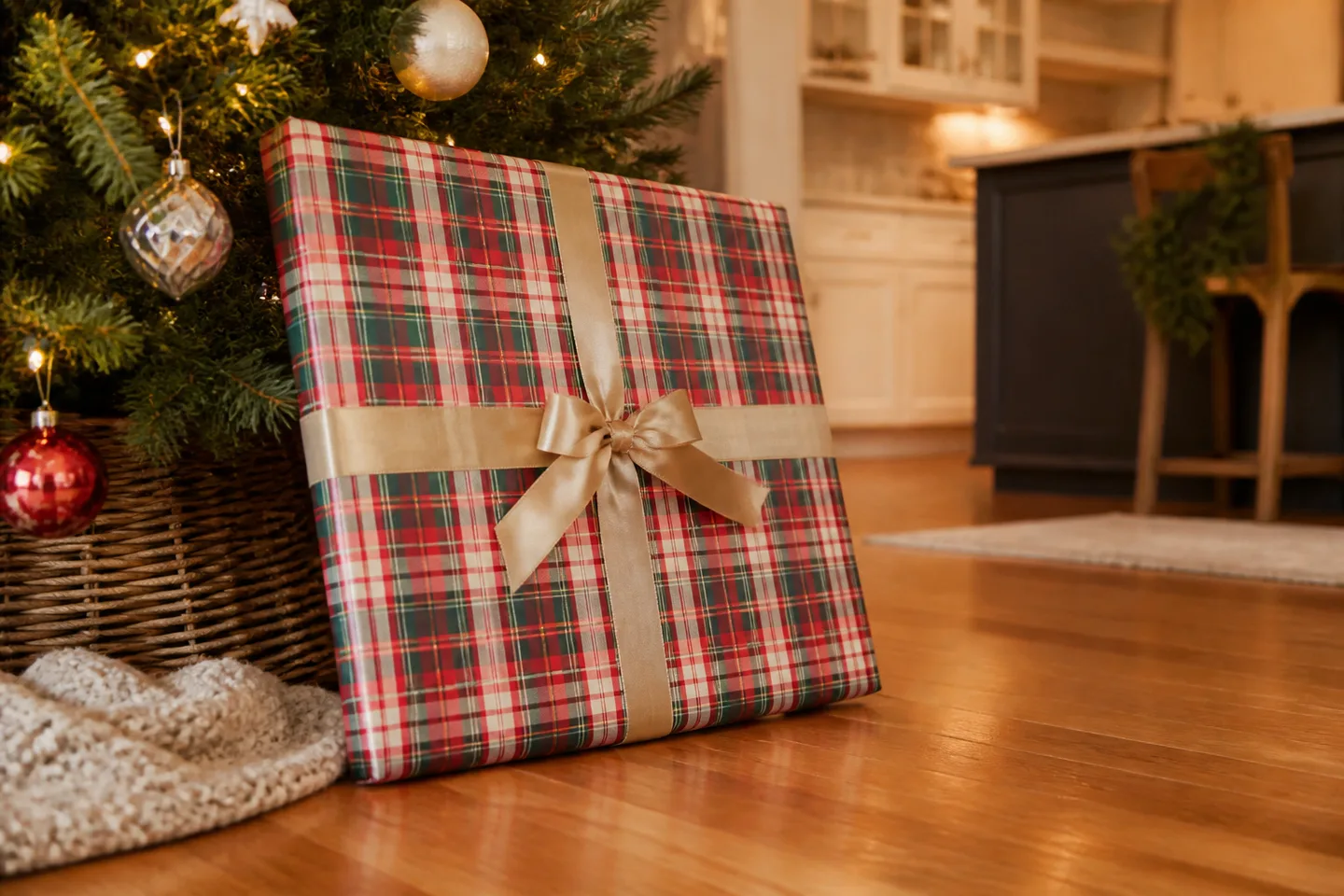 Image spot: a wrapped flat gift leaning by the tree