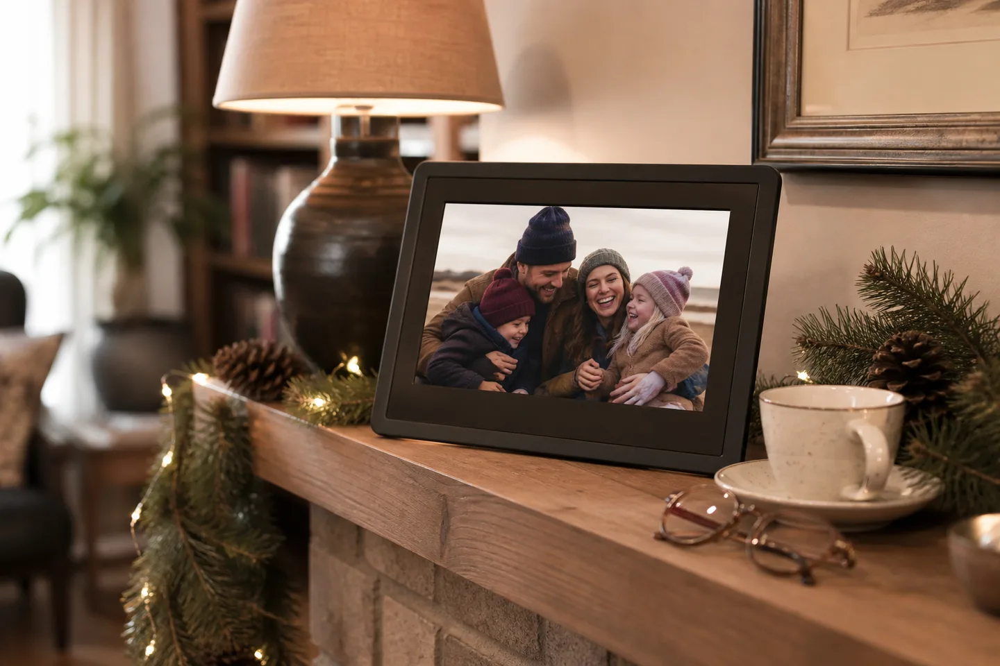 Image spot: a candid family photo arriving on the mantel frame