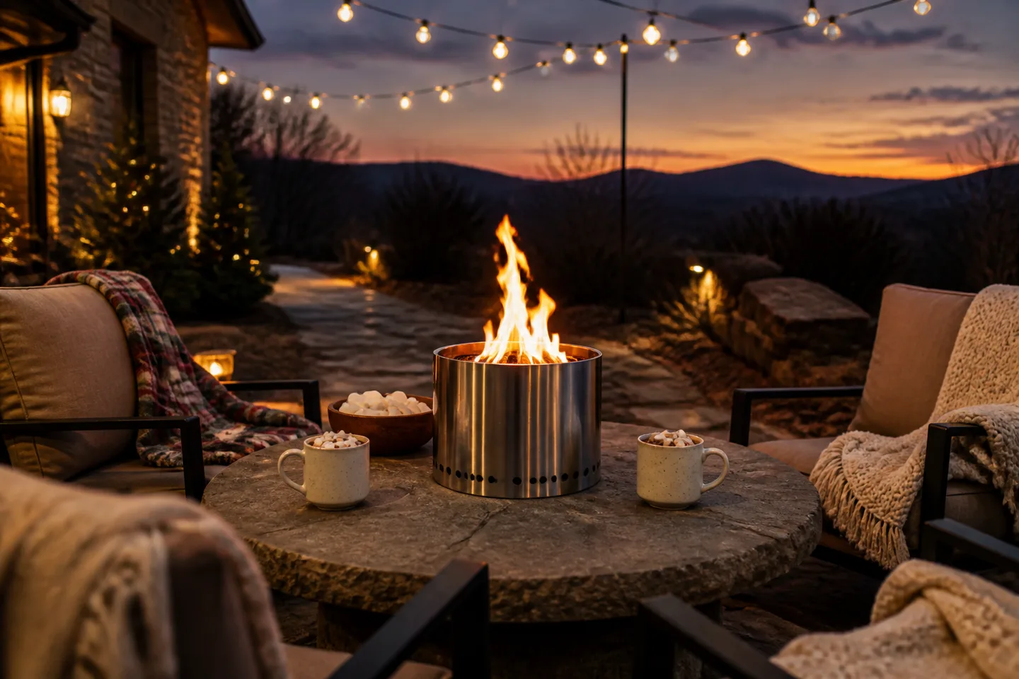 Image spot: a tiny fire glowing on the patio table at dusk