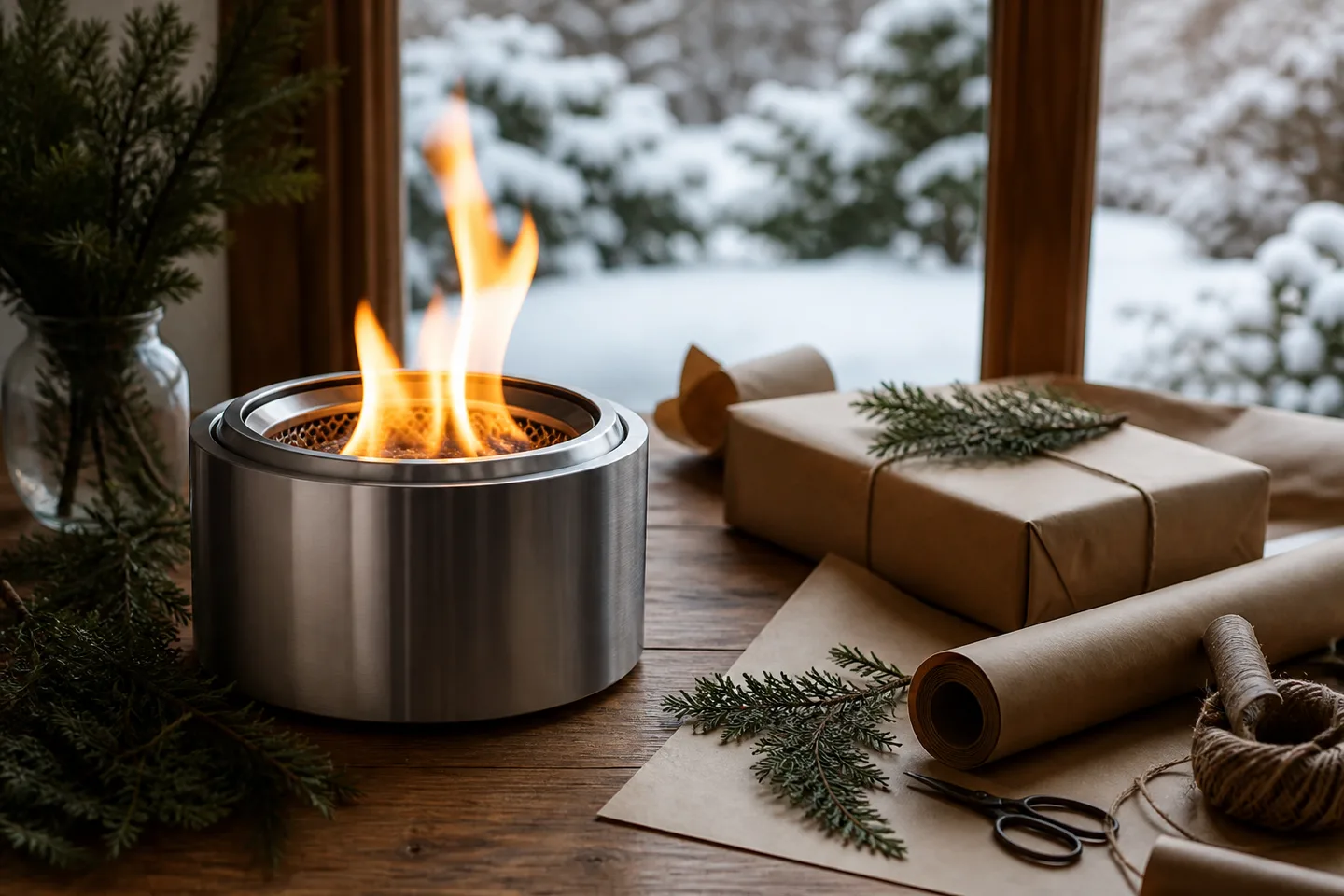 Image spot: the fire pit mid-wrap on the workbench