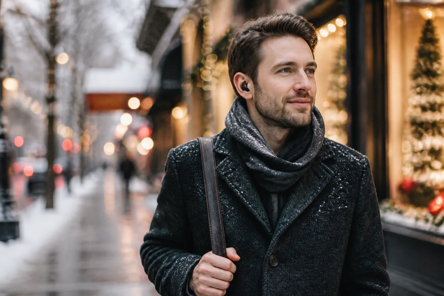 Image spot: discreet earbuds on a snowy commute