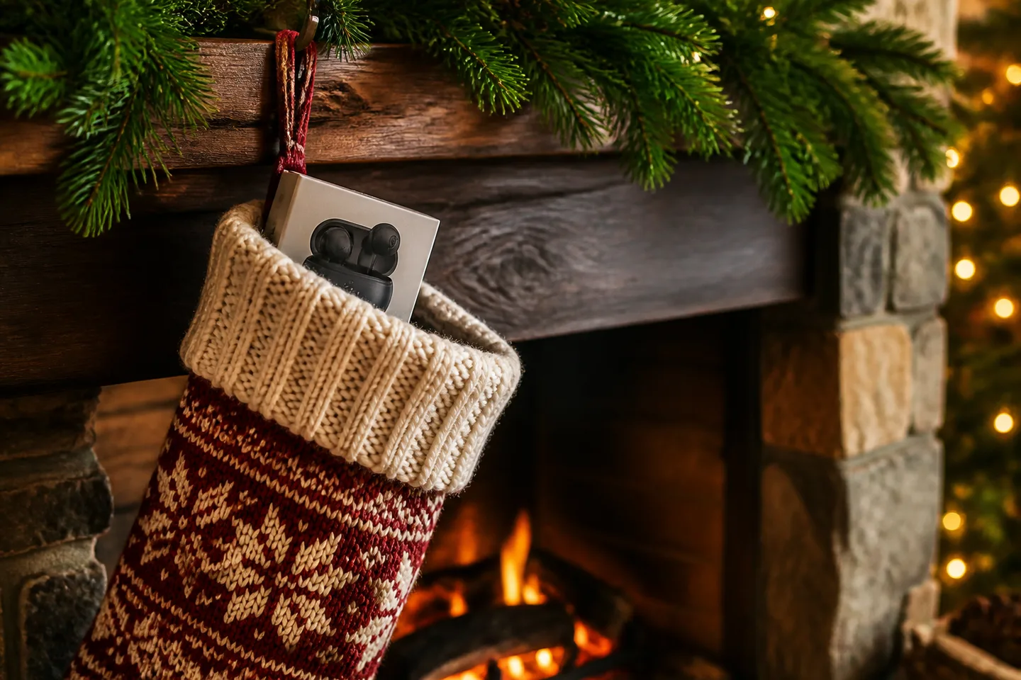Image spot: a stocking-sized gift box by the fire