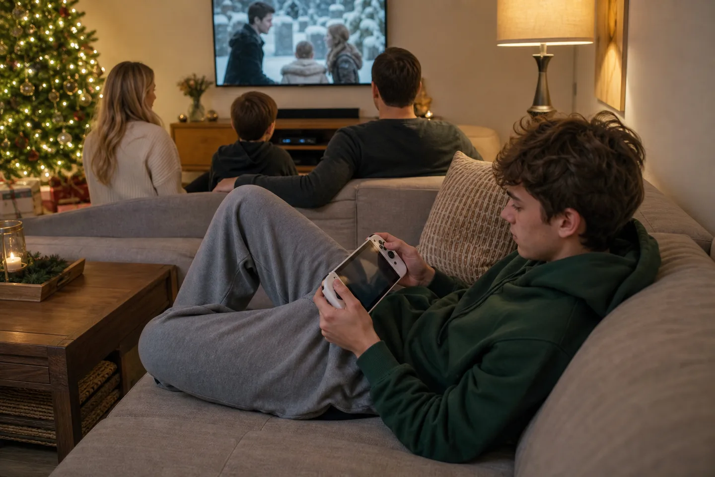 Image spot: handheld gaming beside movie night