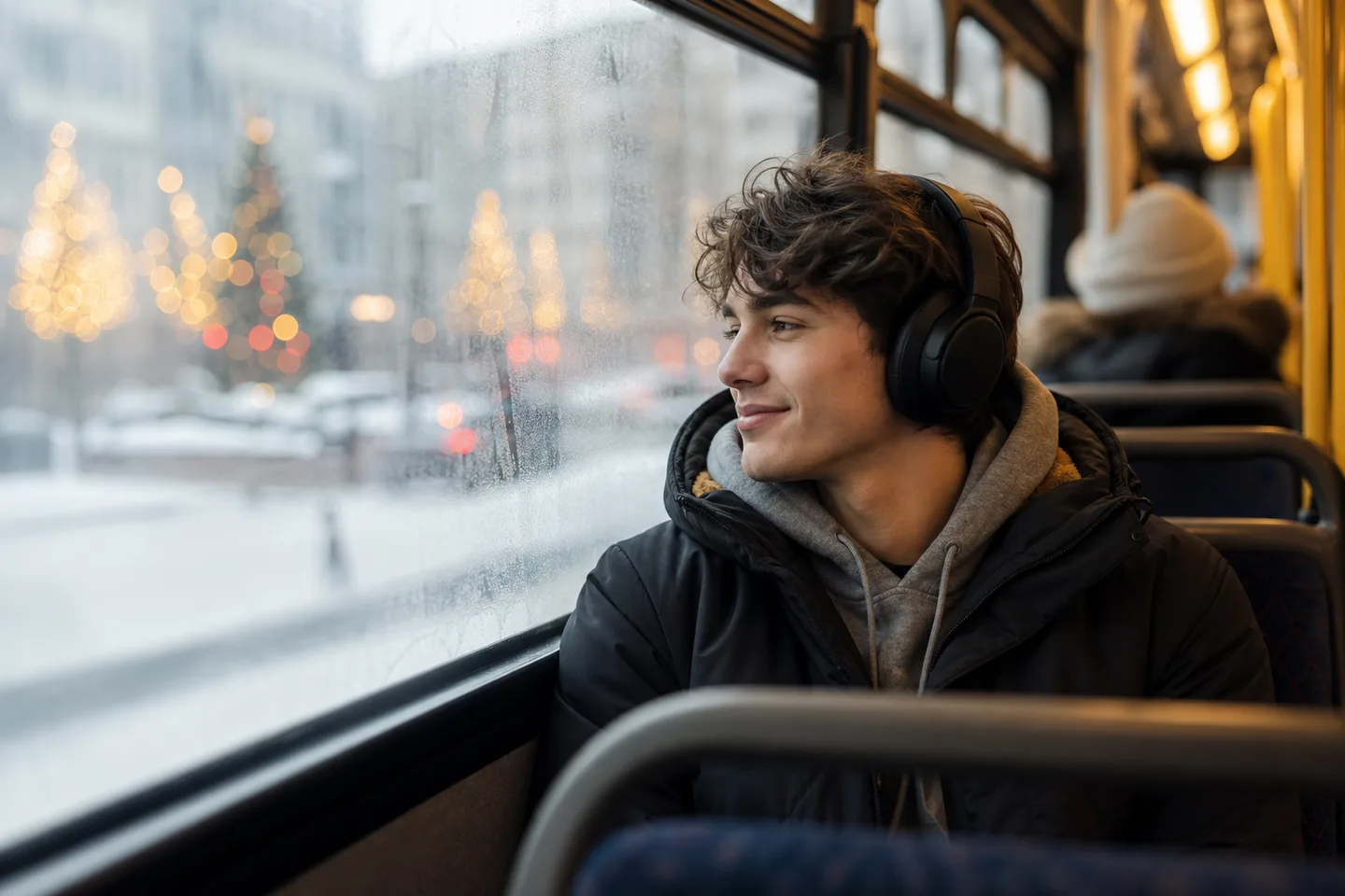 Image spot: headphones on a snowy bus commute