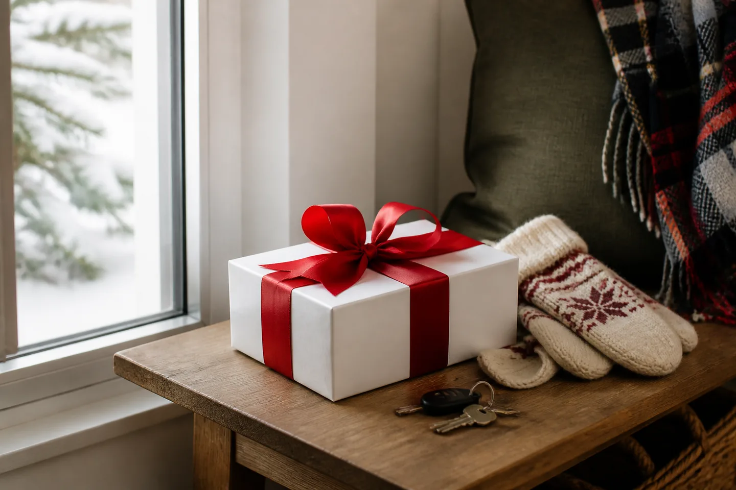 Image spot: the camera boxed with a bow by the entryway