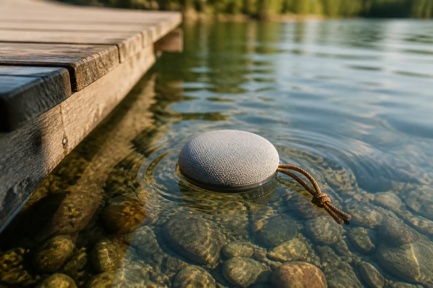 Image spot: the speaker bobbing in calm lake water