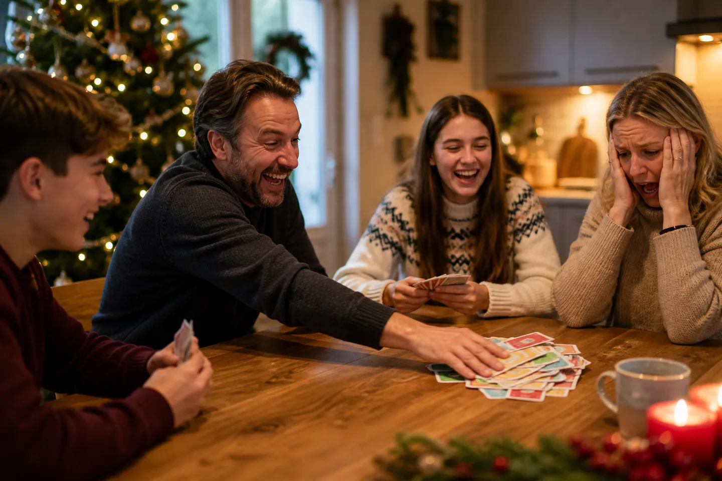 Image spot: a family card game mid-betrayal