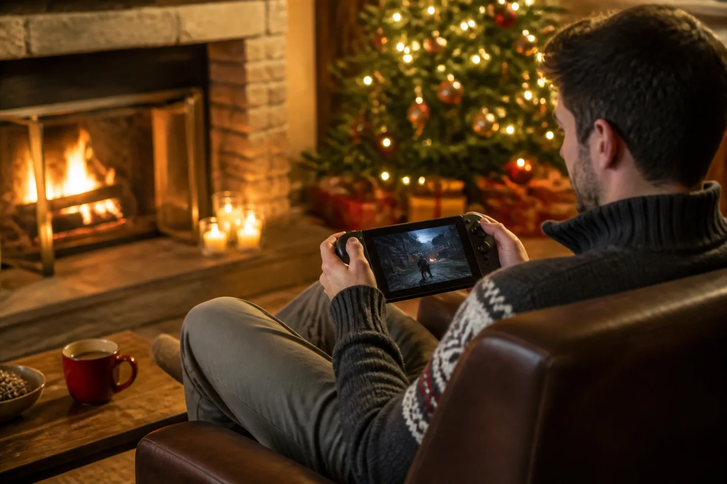 Image spot: handheld gaming by the fireplace