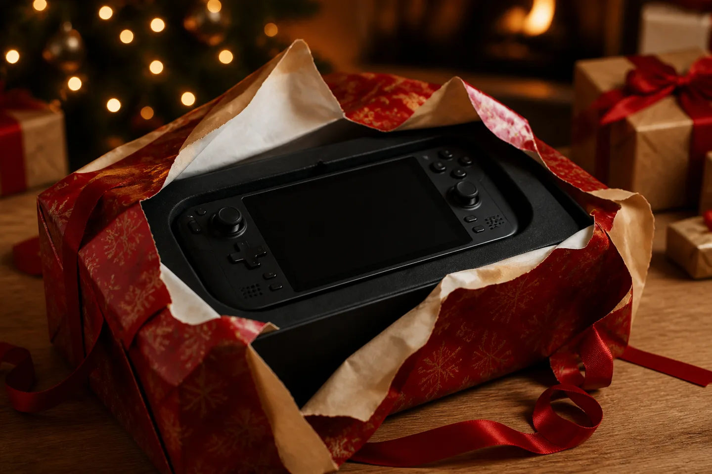 Image spot: the handheld half-unwrapped as a showpiece gift