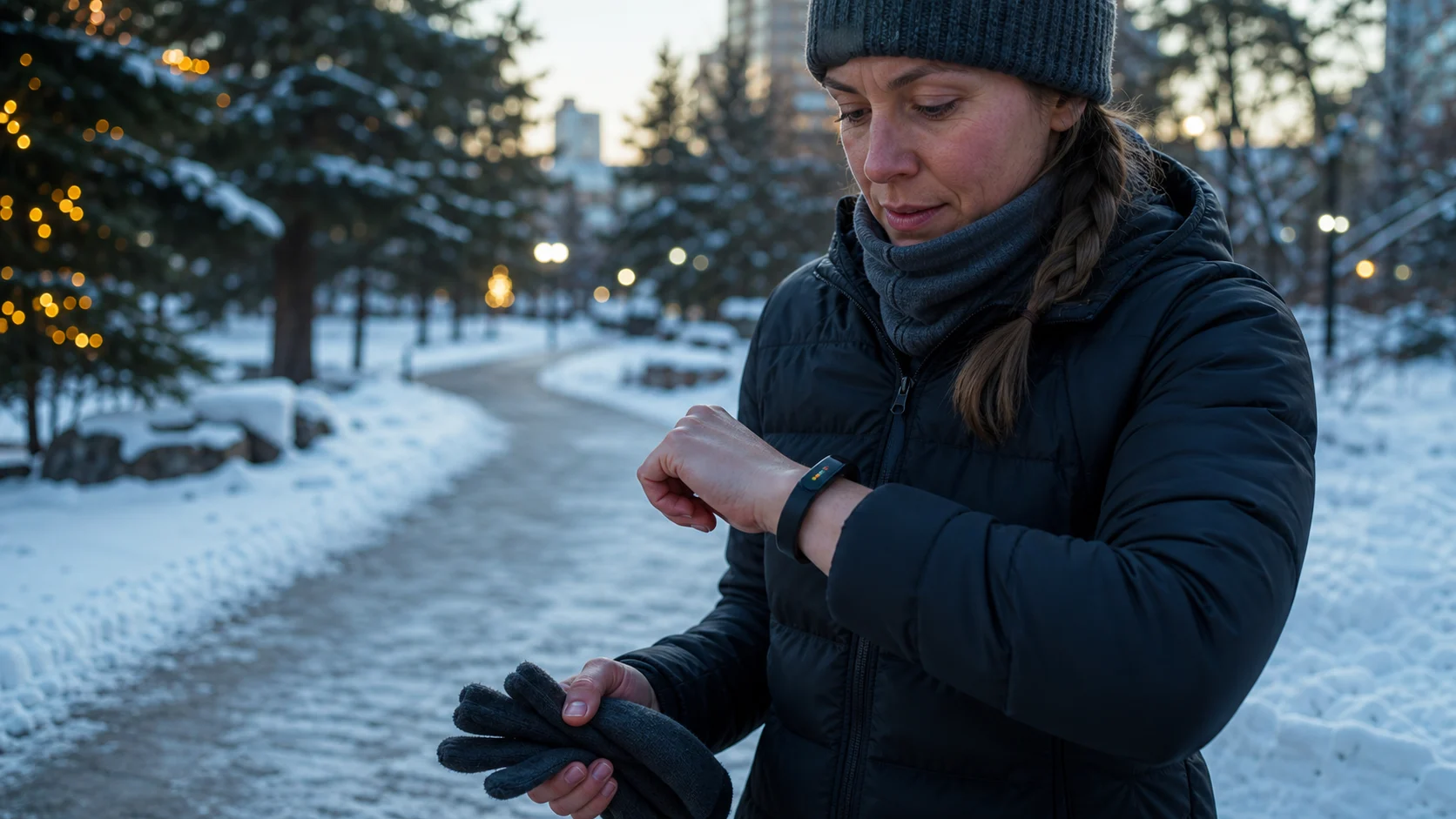 Representative slim fitness tracker used during a winter walk