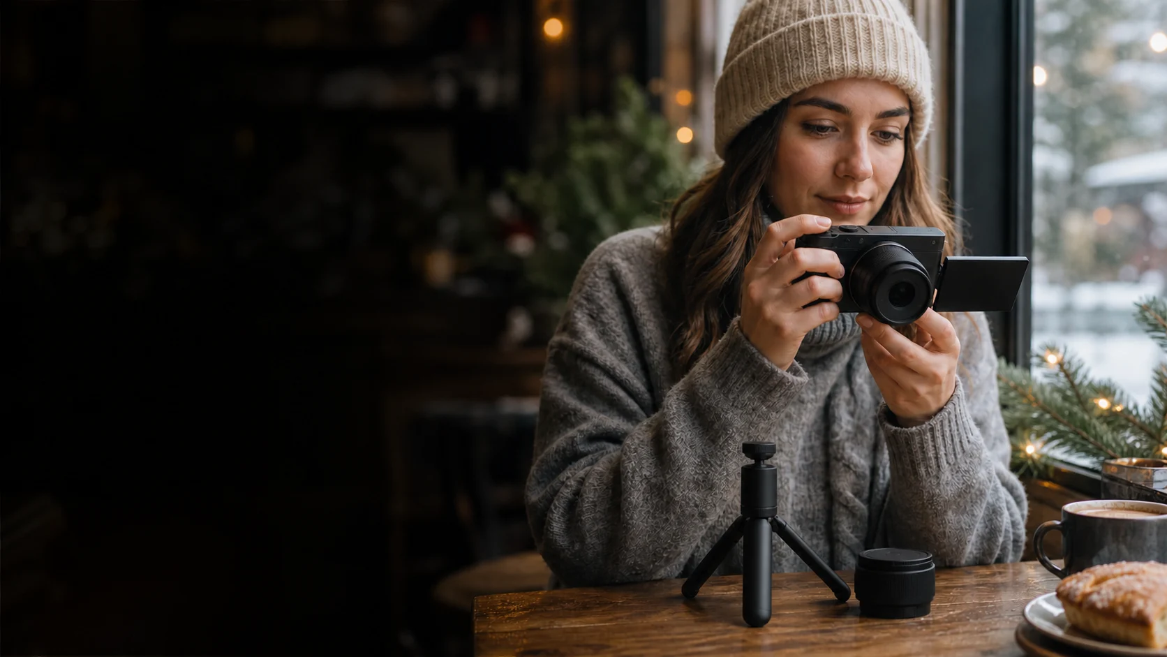 Representative traveller composing on a generic compact mirrorless camera's flip screen