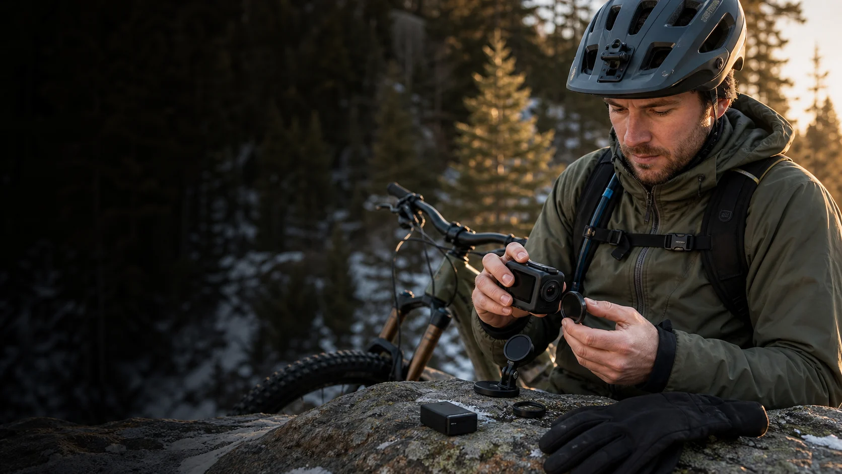 Representative mountain biker preparing a generic action camera and quick-release mount