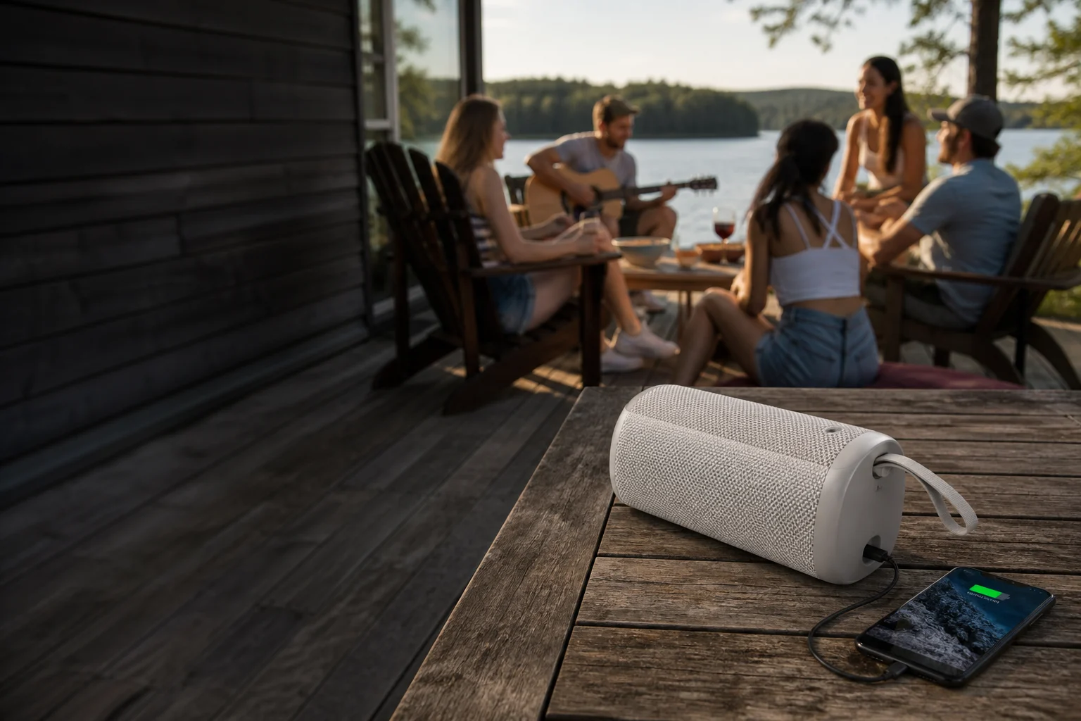 Representative rugged white portable speaker charging a phone on a cottage deck