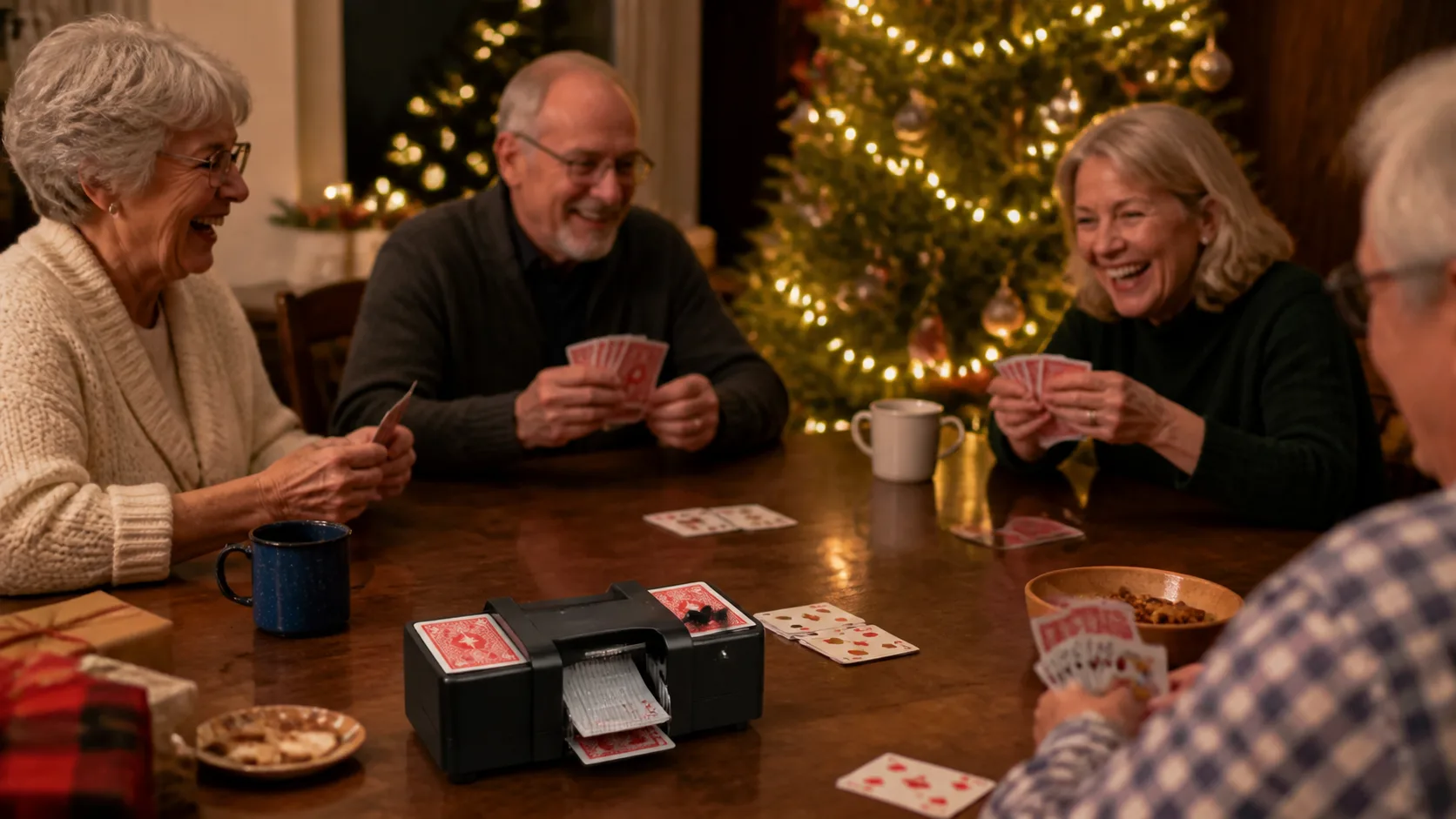 Representative card shuffler with playing cards on a games table