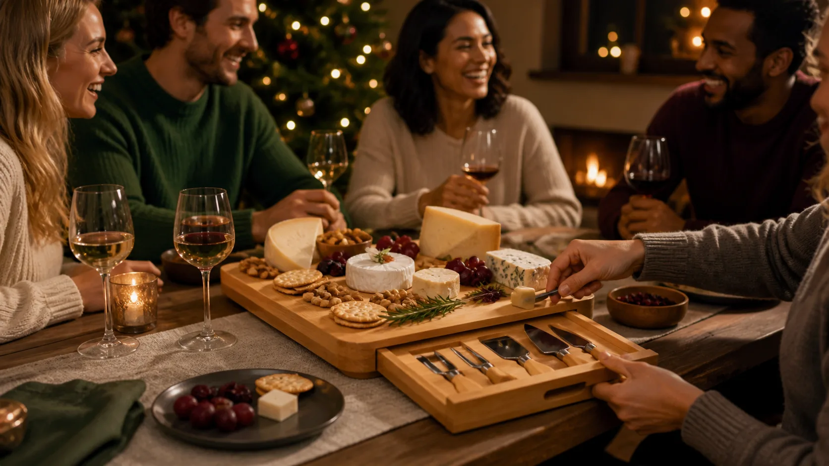Representative bamboo cheese board spread with cheeses and serving tools