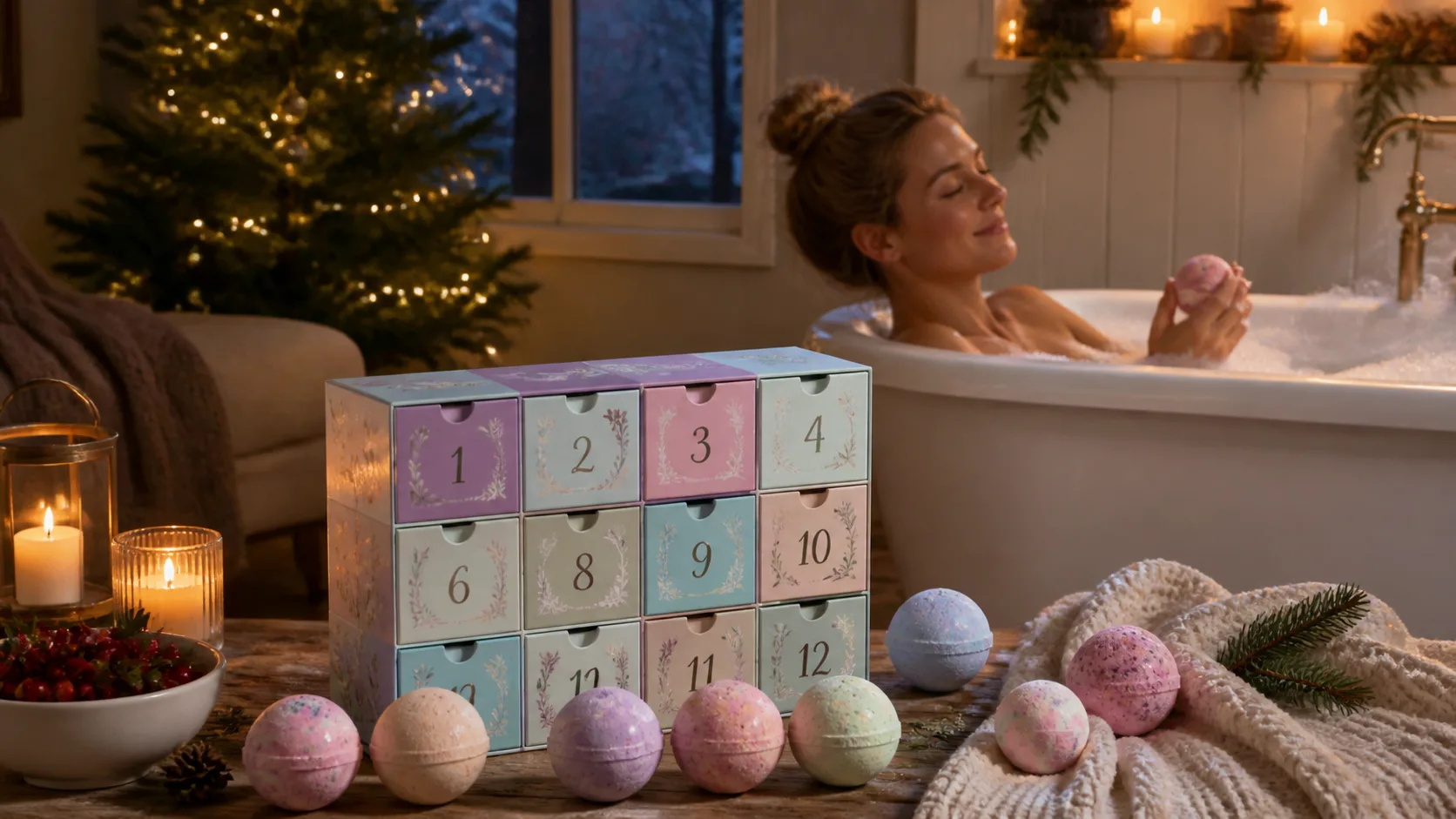 Representative pastel countdown box with colourful round bath fizzies beside a tub