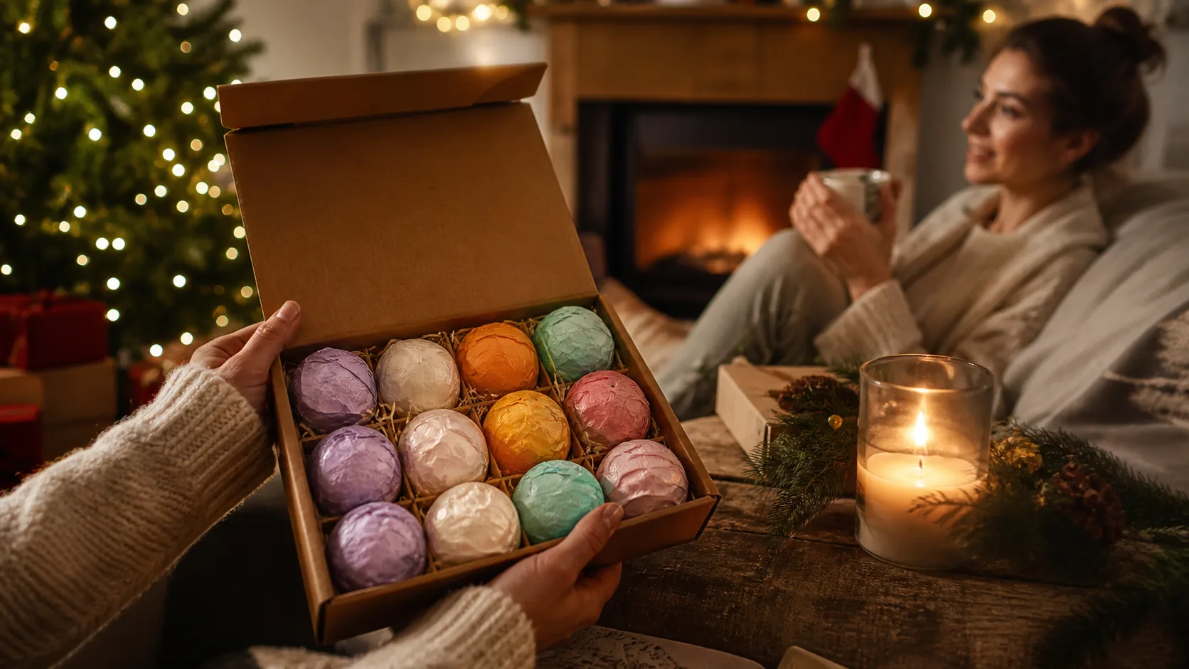 Representative boxed set of a dozen colourful wrapped bath bombs