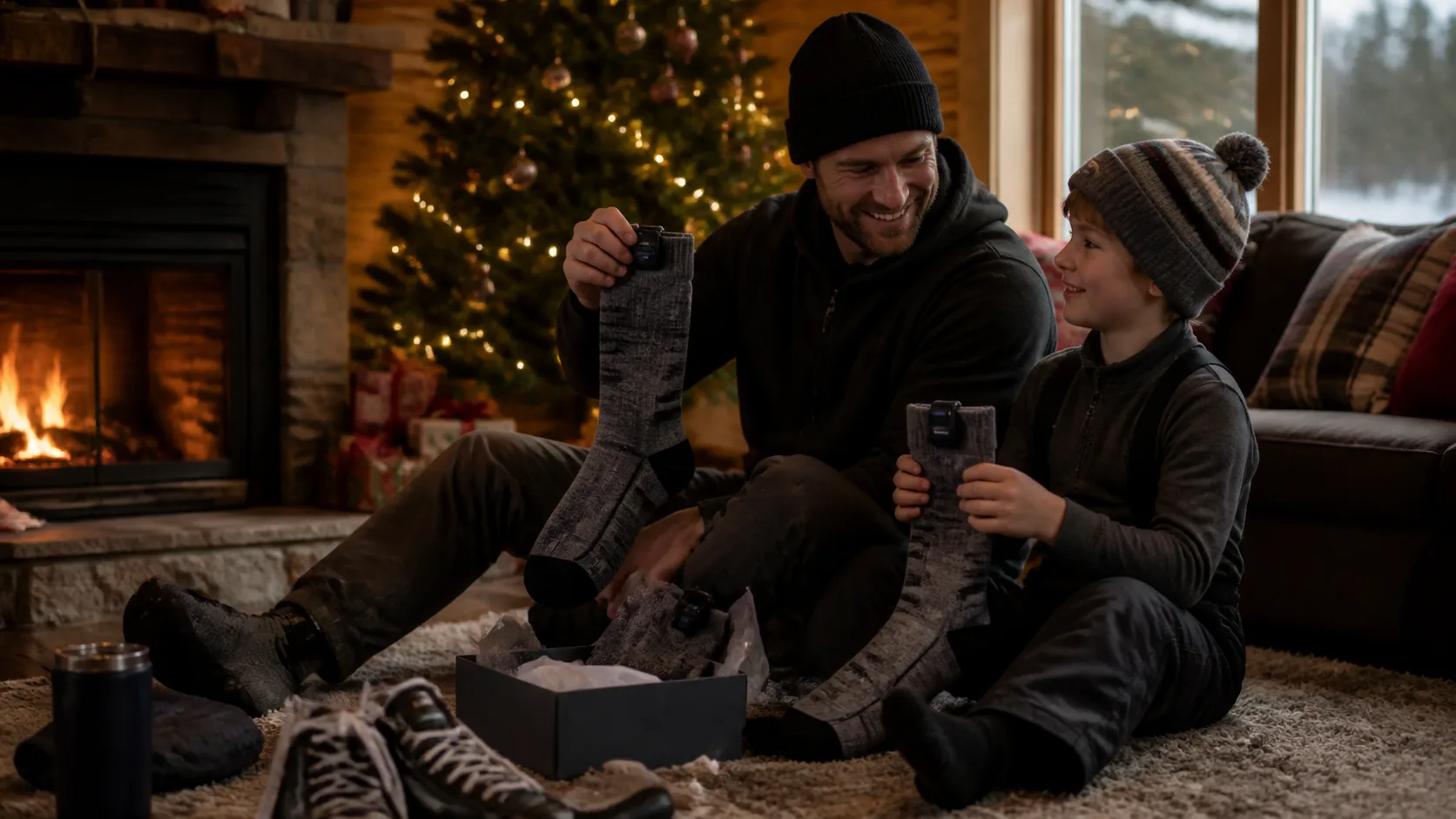 Representative battery heated socks with small battery packs tucked into the cuffs