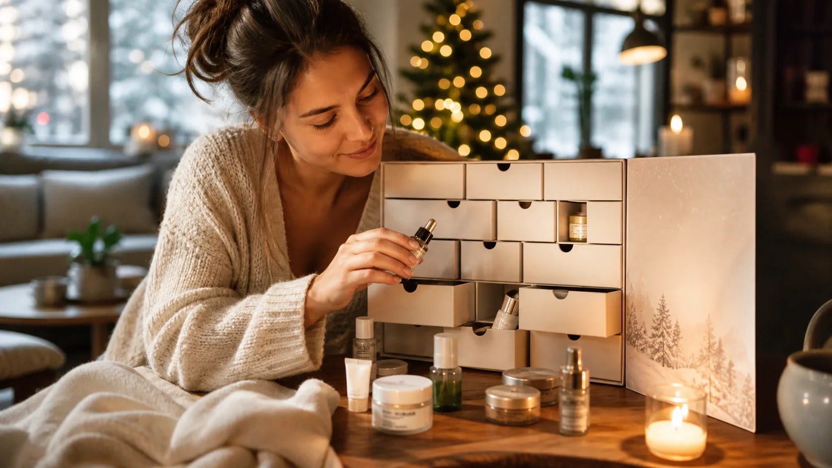 Representative elegant box with small drawers revealing miniature skincare jars and tubes