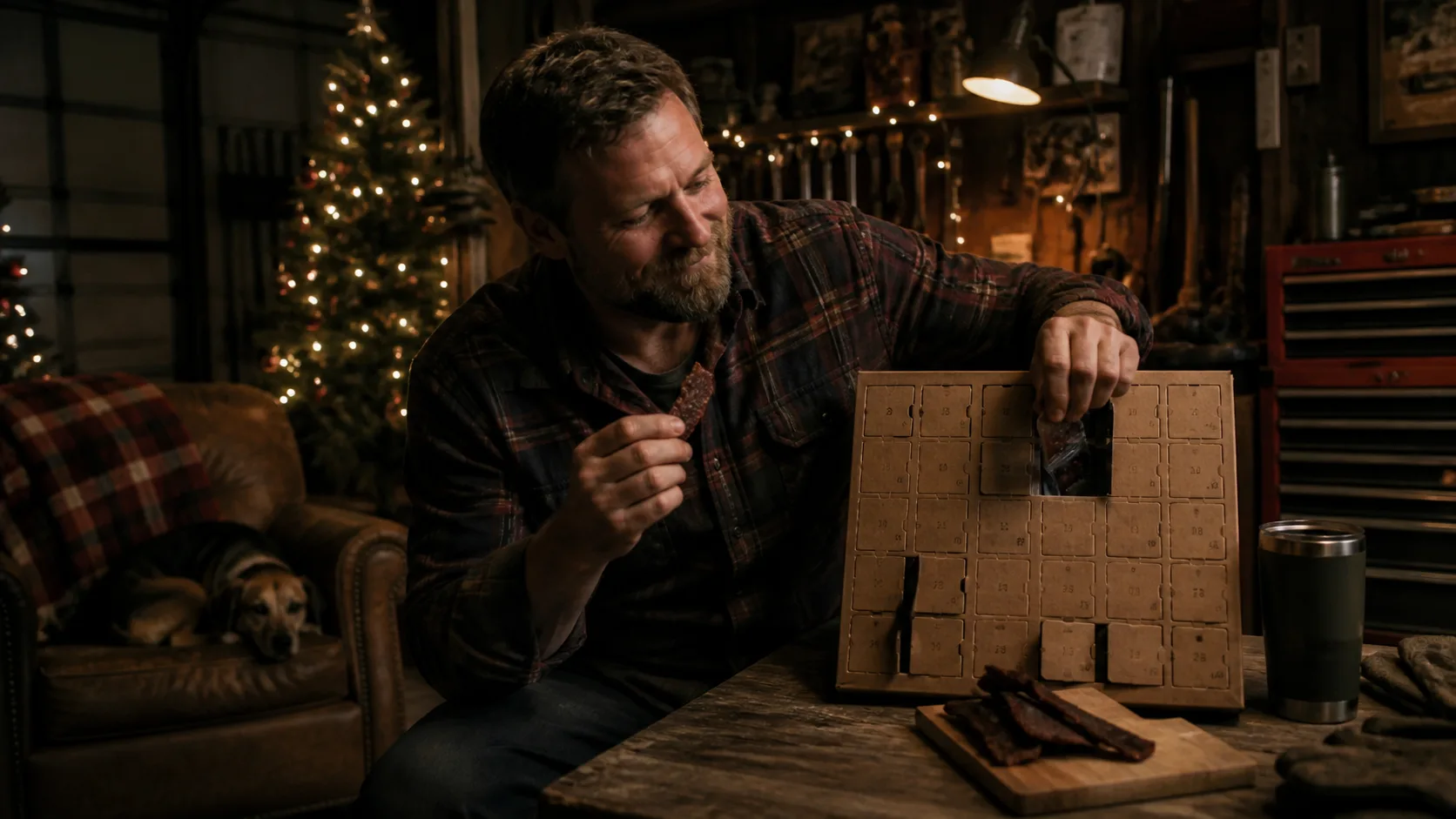 Representative rugged kraft-style countdown box with pouches of dried meat snacks behind numbered panels