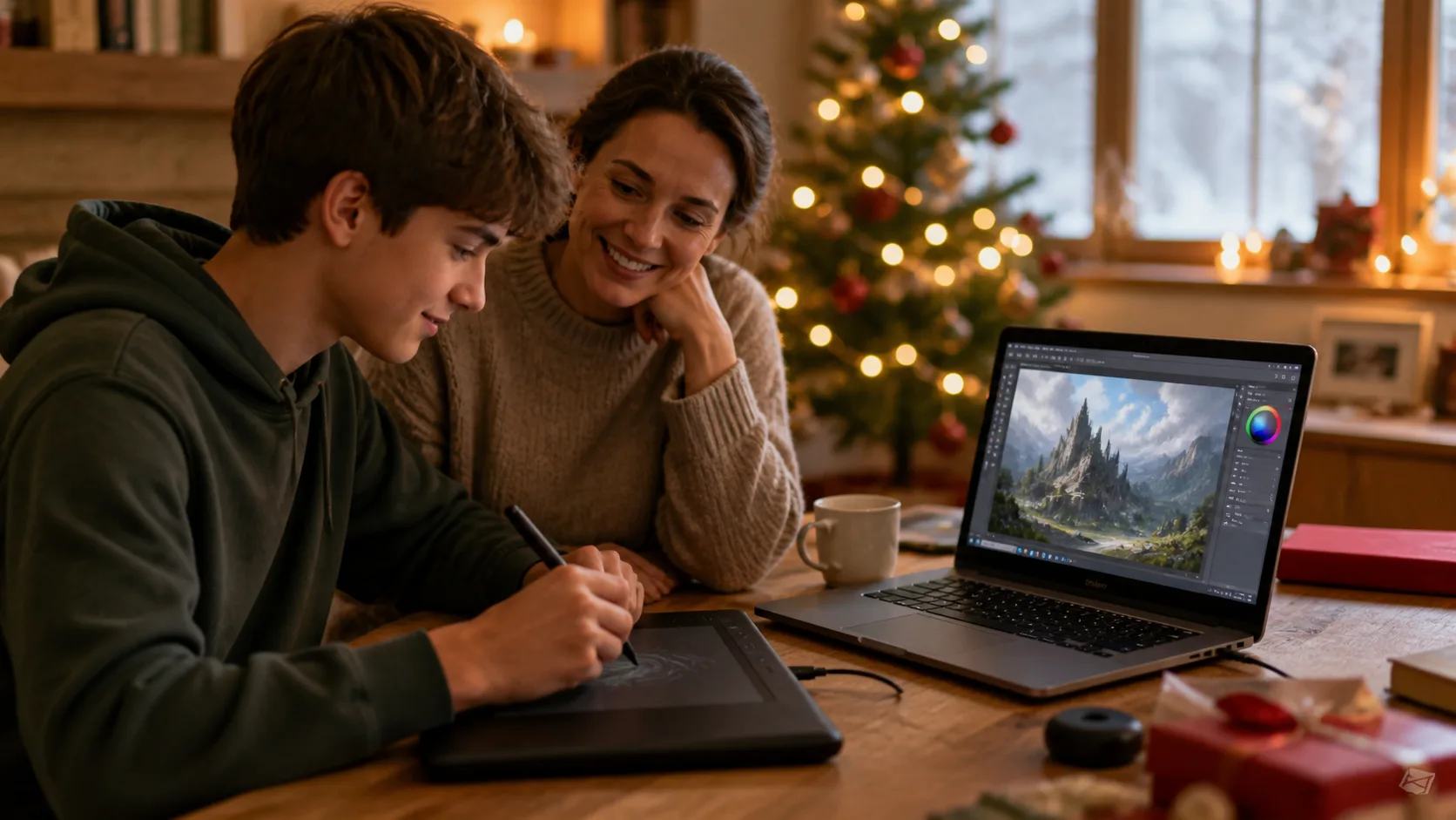 Representative drawing tablet and stylus beside a laptop showing digital art