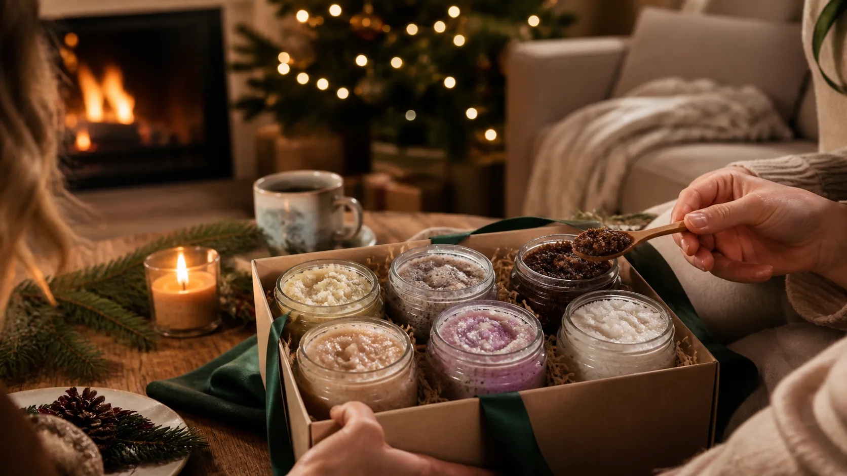 Representative jars of scented body scrub arranged in a ribboned gift box