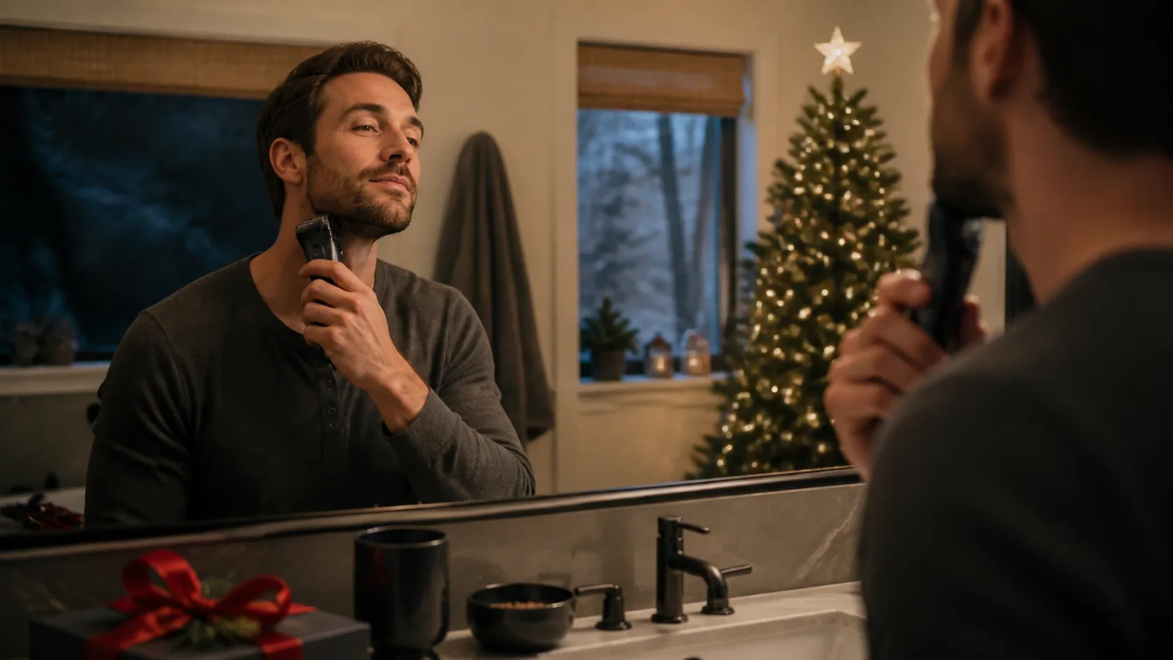 Representative sleek electric shaver standing upright on a bathroom counter
