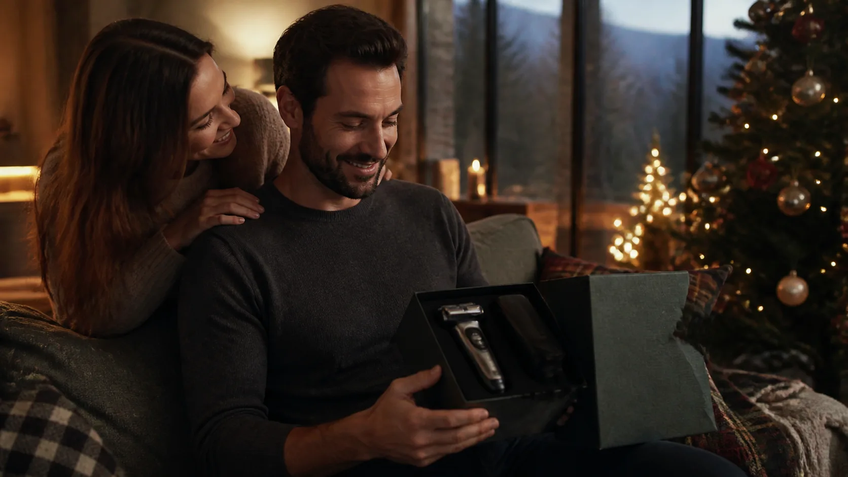 Representative flagship electric shaver presented in an open gift box
