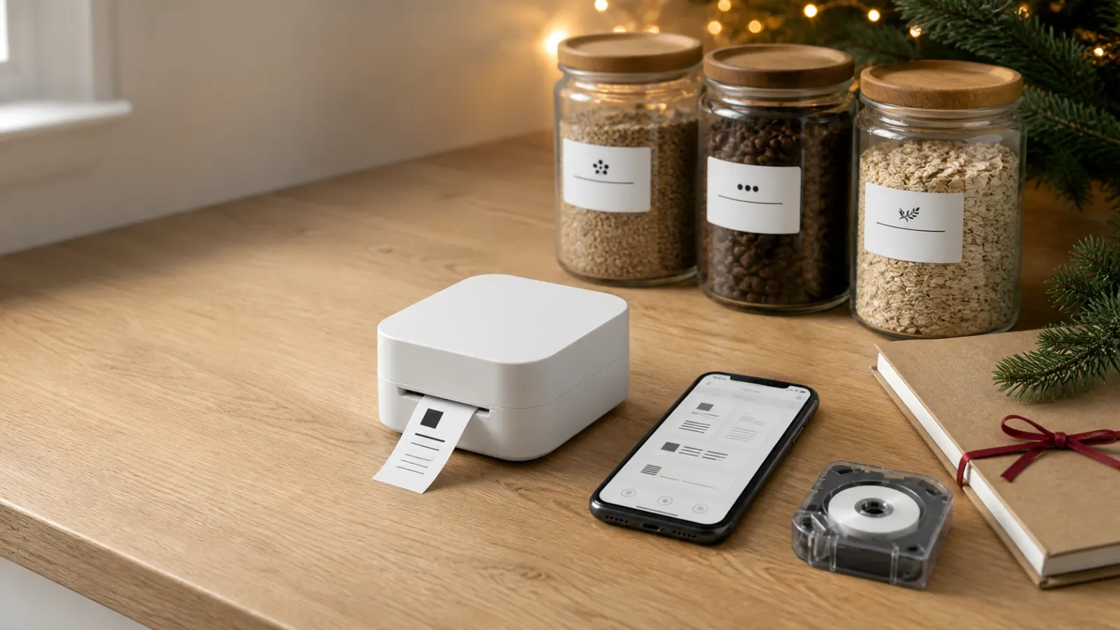 Representative compact white label printer beside a phone and neatly labelled pantry containers