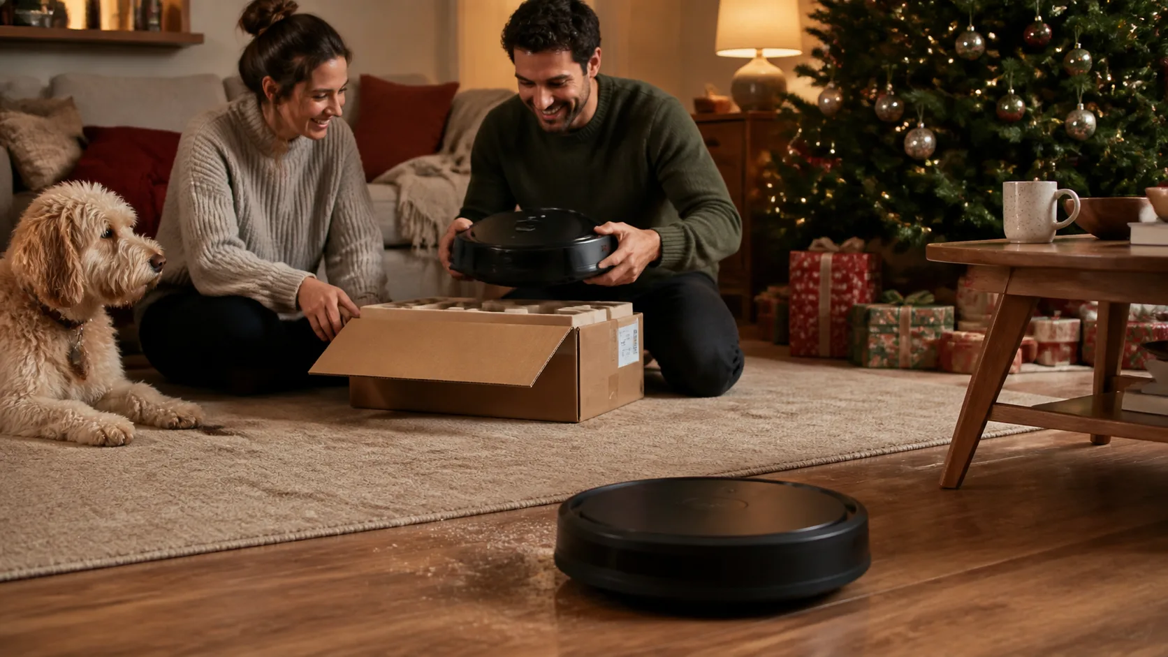 Representative round robot vacuum gliding across a living room floor
