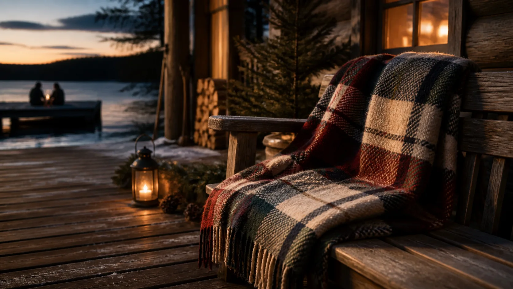 Representative folded plaid wool camp blanket draped over a wooden bench