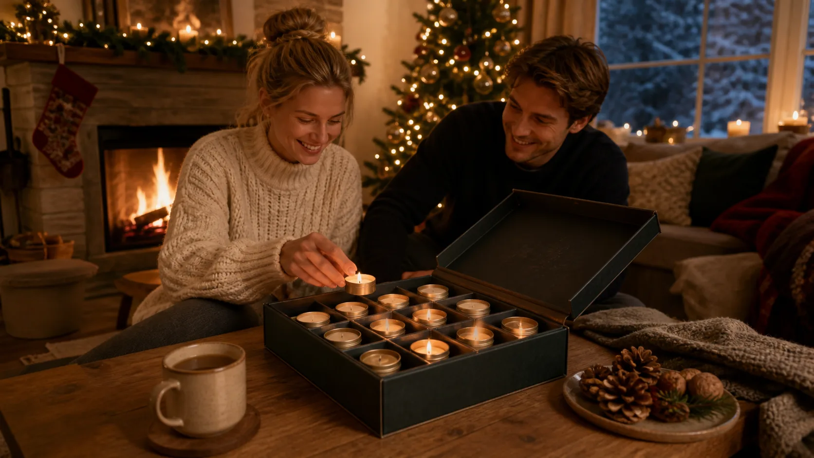 Representative gift box with compartments of small tin candles glowing on a mantel