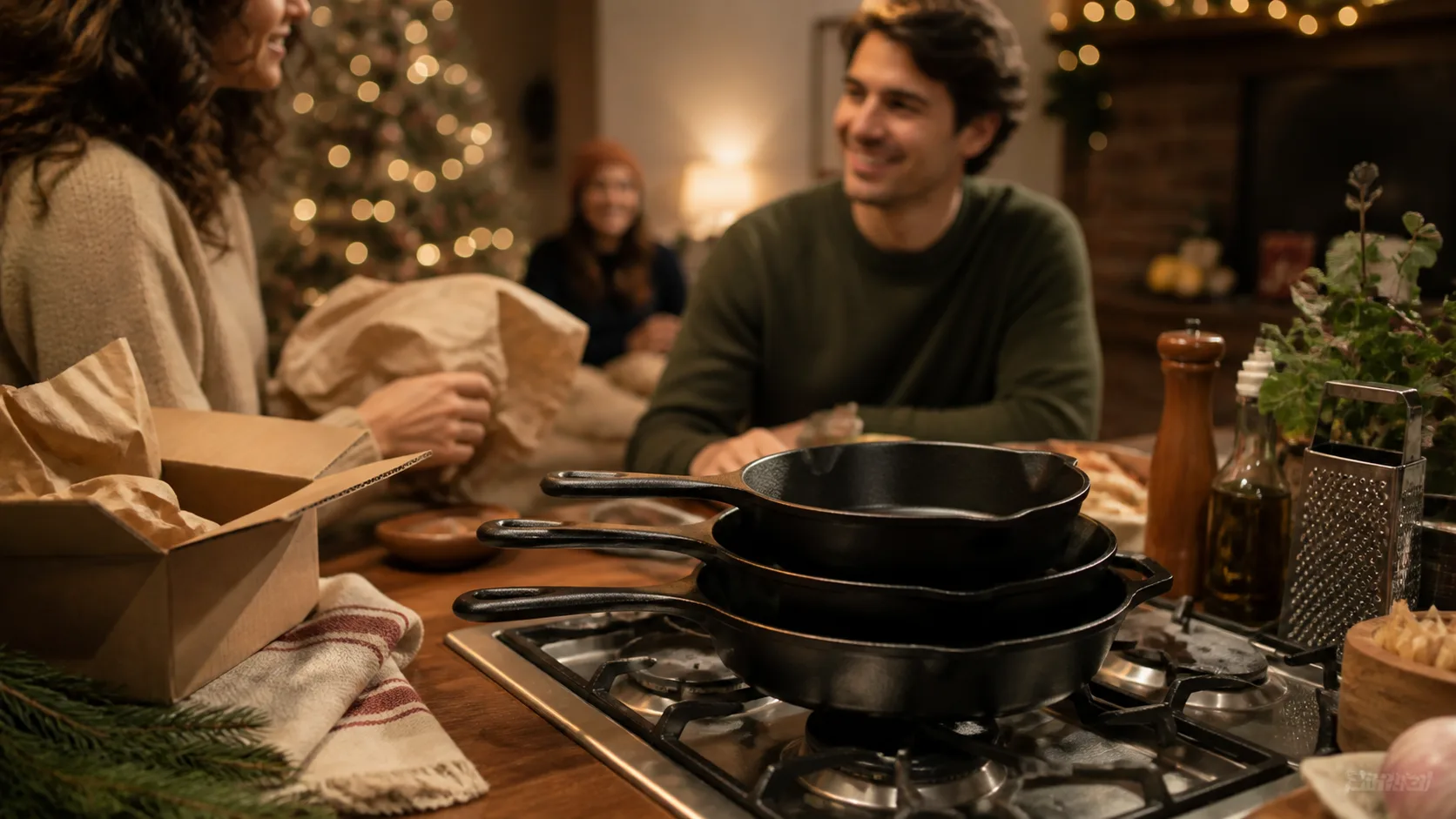 Representative set of cast iron skillets in graduated sizes stacked on a stovetop