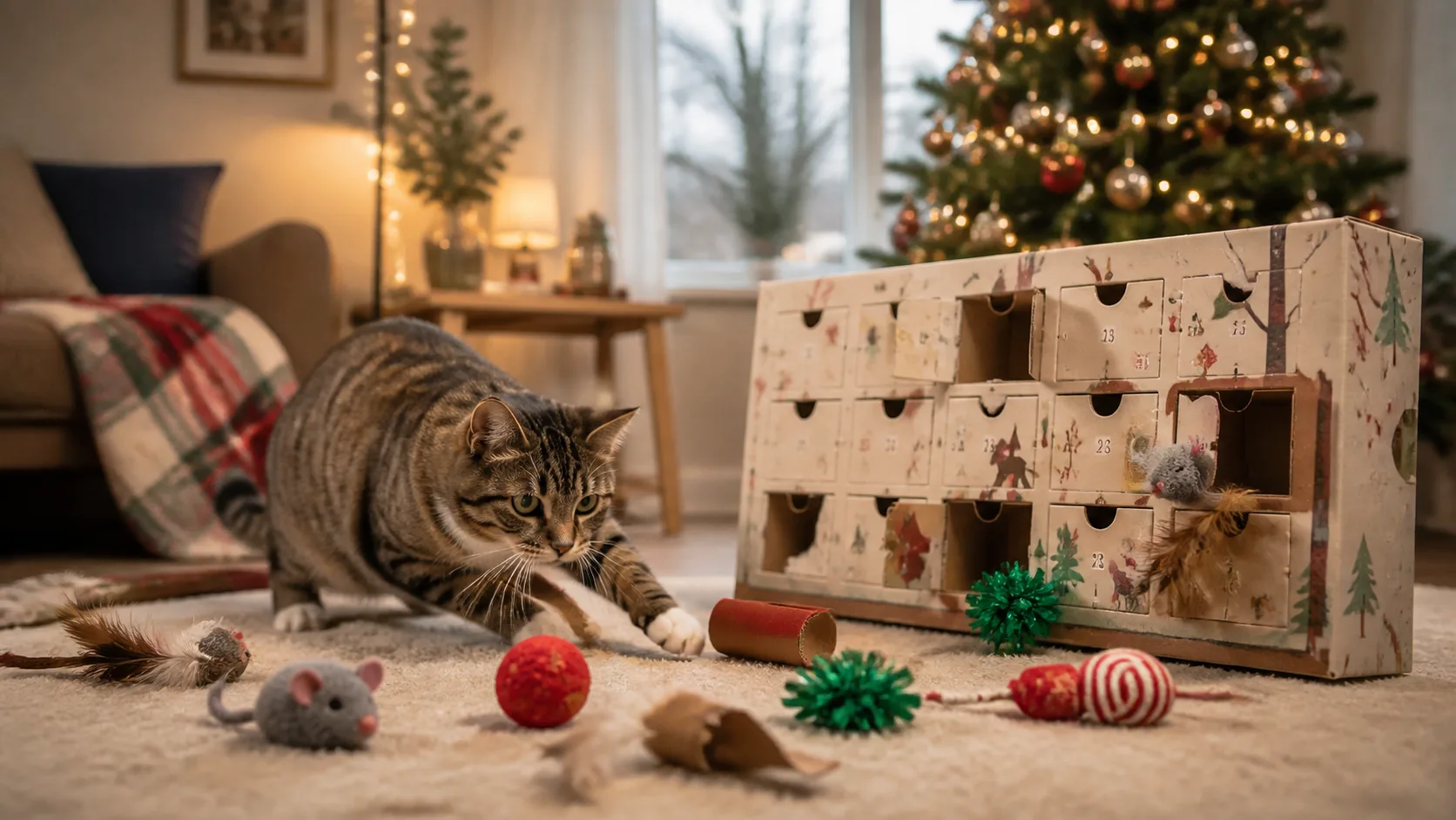Representative holiday box with little doors and toy mice, balls, and feathers spilling out near a curious cat
