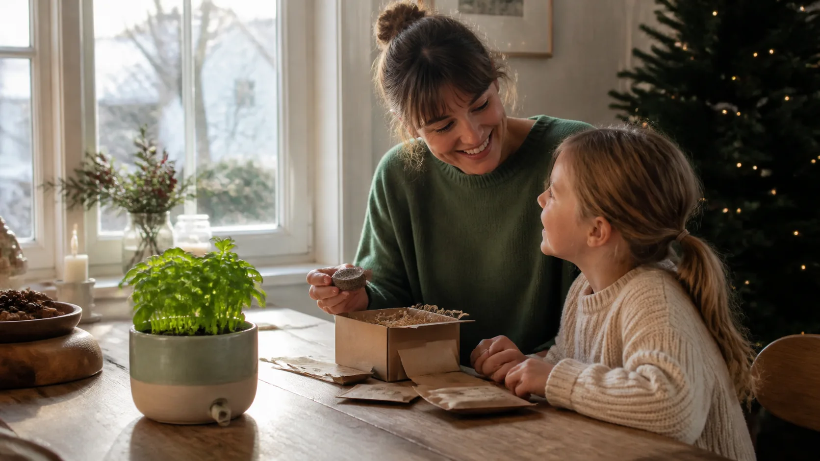 Representative ceramic planter with young basil sprouts on a sunny windowsill