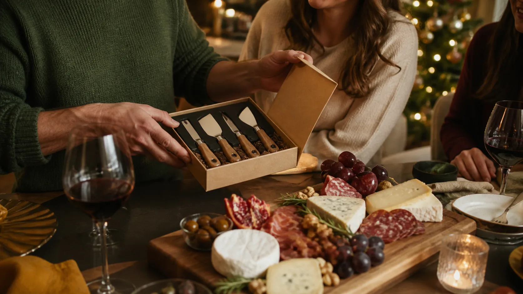 Representative set of small cheese knives and spreaders beside a wooden serving board
