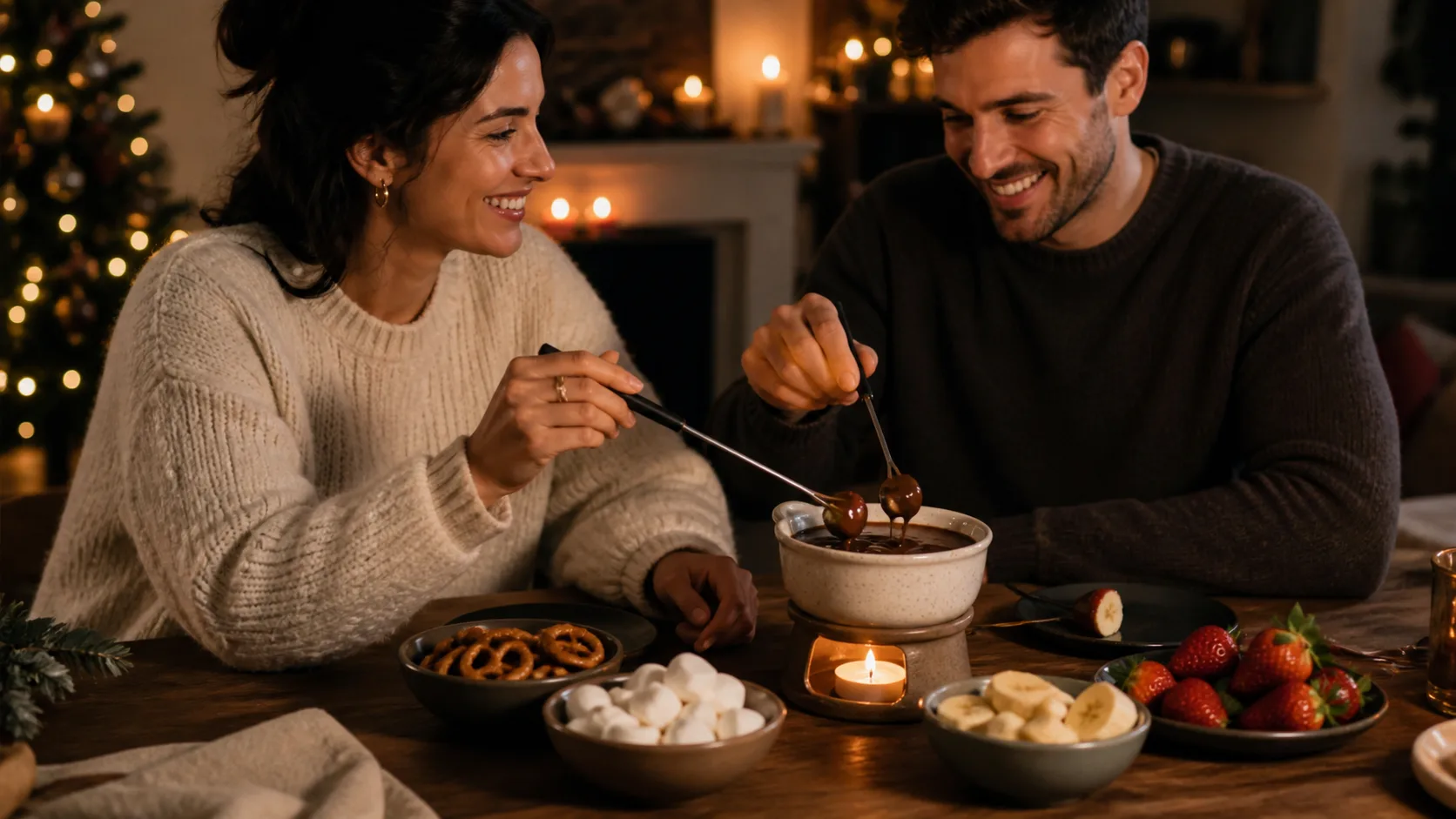 Representative ceramic fondue pot with fruit skewers and melted chocolate