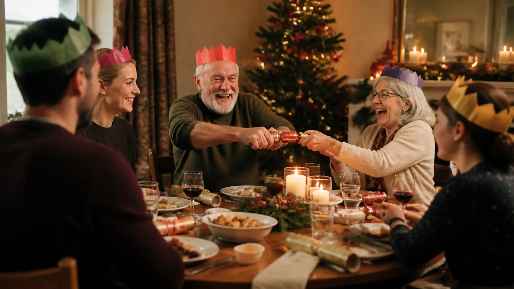 Representative festive paper crackers with twisted ends arranged on a set holiday dinner table