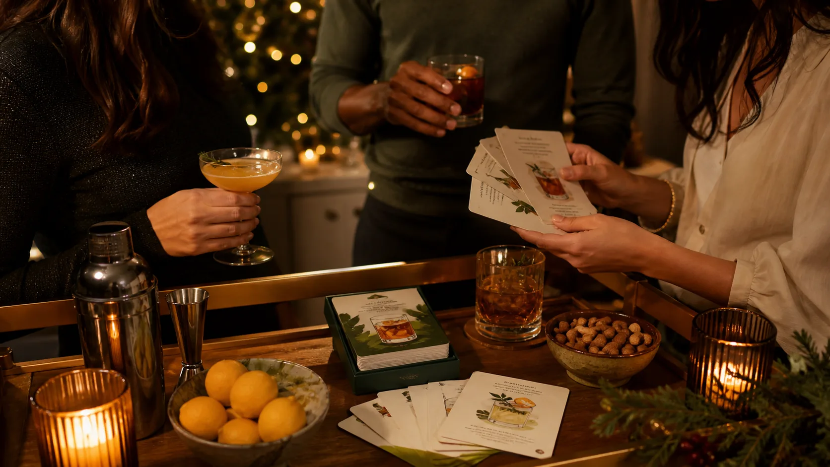 Representative boxed deck of illustrated drink recipe cards fanned out