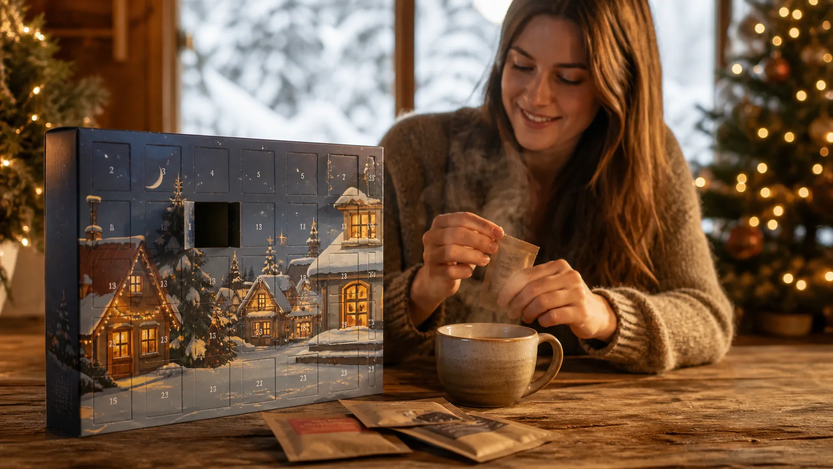 Representative festive box of numbered doors with small coffee sachets beside a steaming mug
