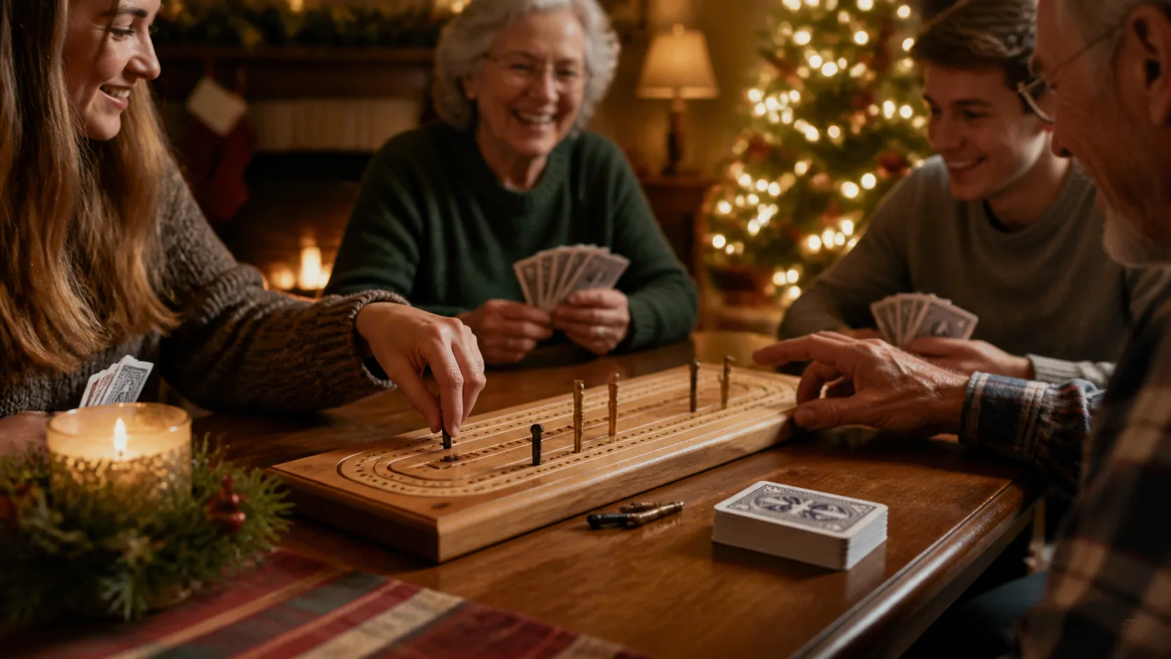 Representative wooden cribbage board with pegs and a deck of cards