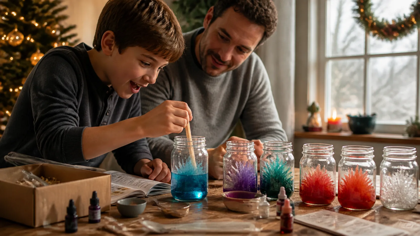 Representative jars of colourful home-grown crystals from a science kit