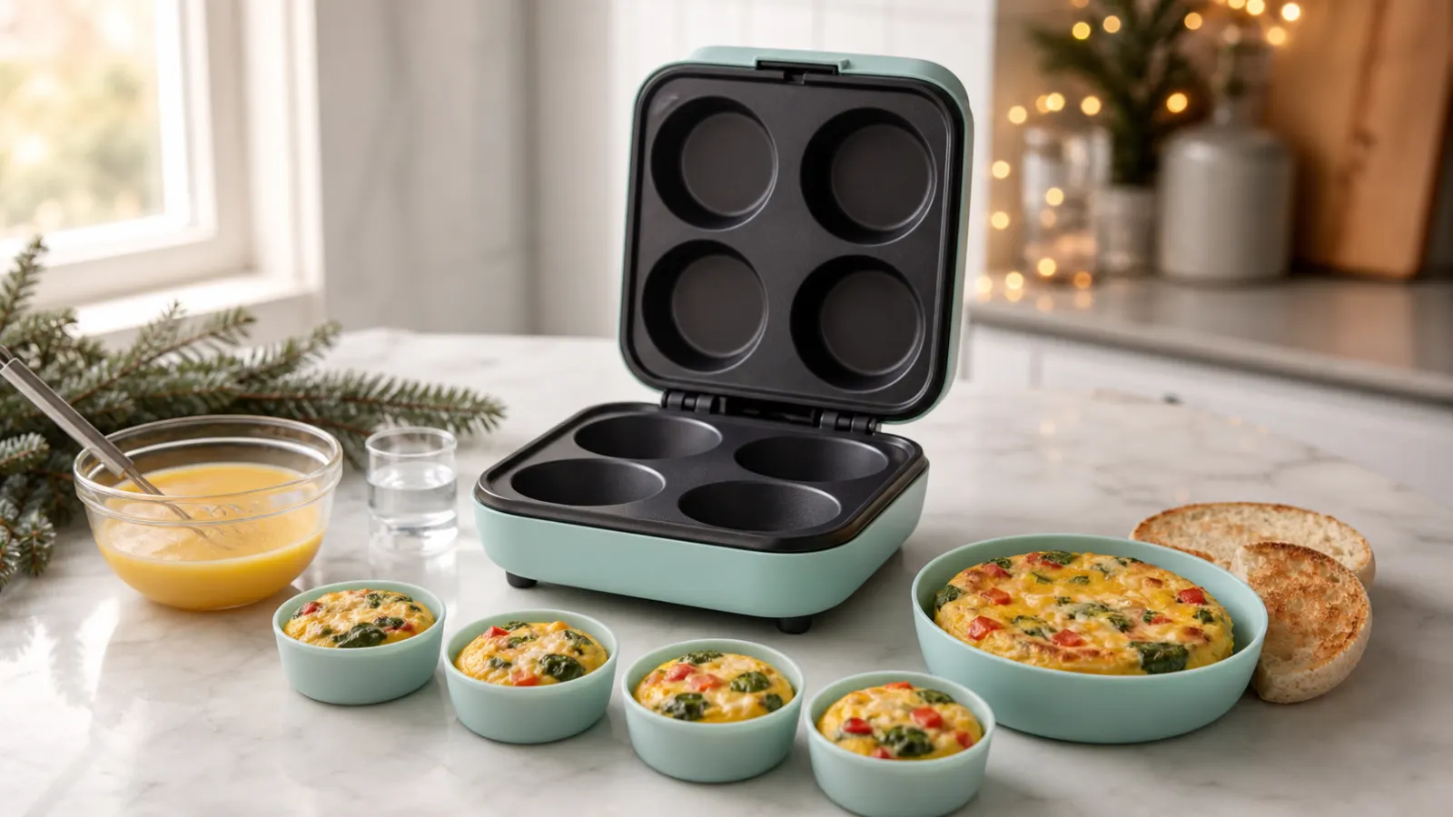 Representative compact egg bite appliance with four colourful breakfast bites and a round sandwich egg patty
