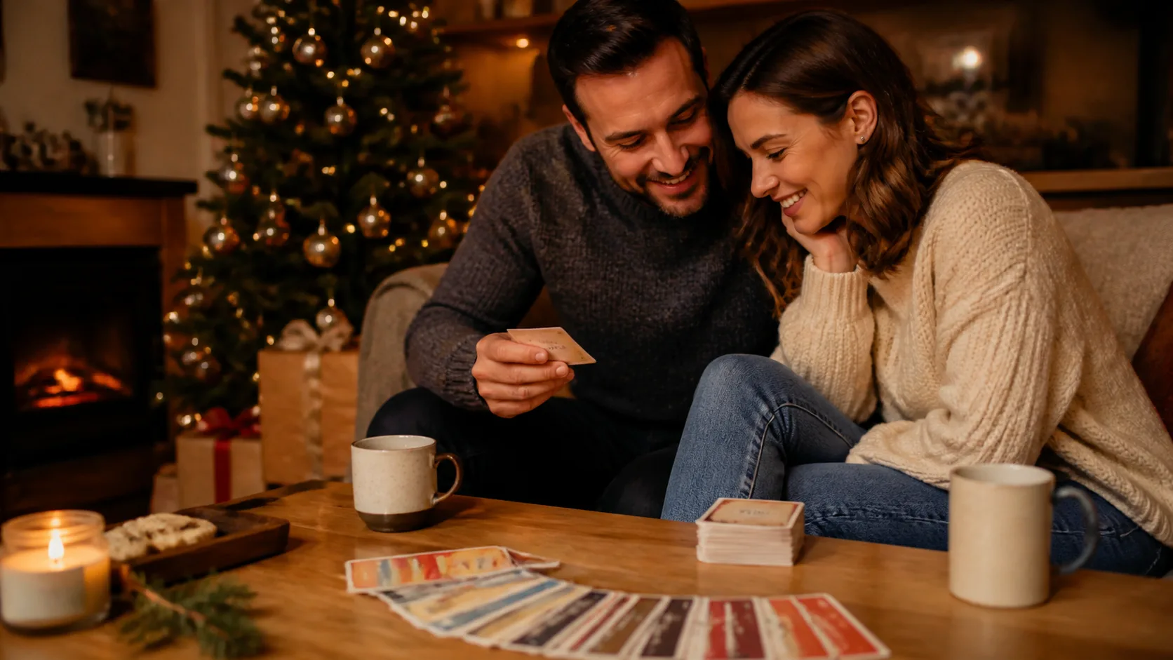 Representative deck of date night idea cards fanned out on a coffee table