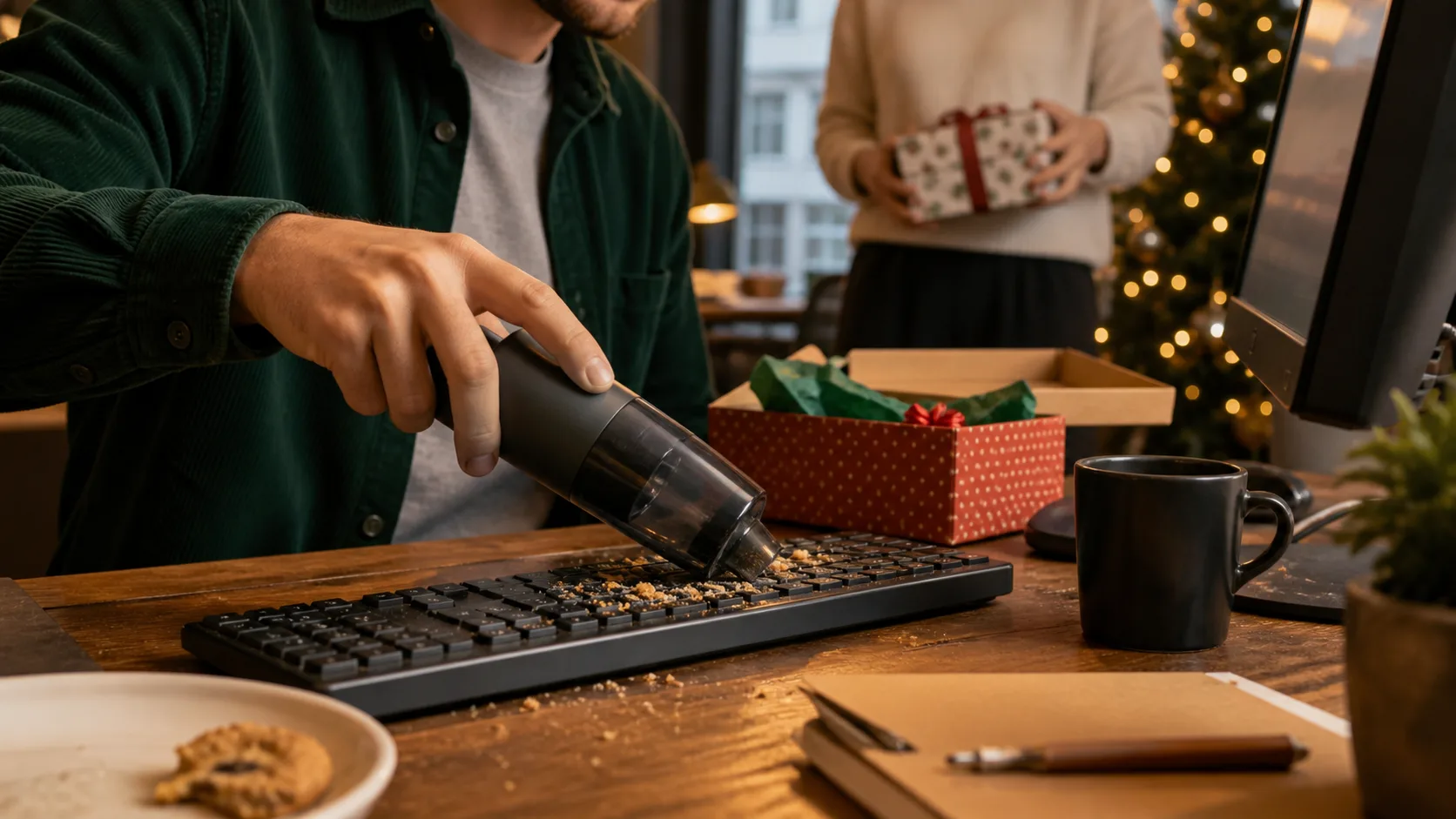 Representative palm-sized vacuum cleaning crumbs off a computer keyboard