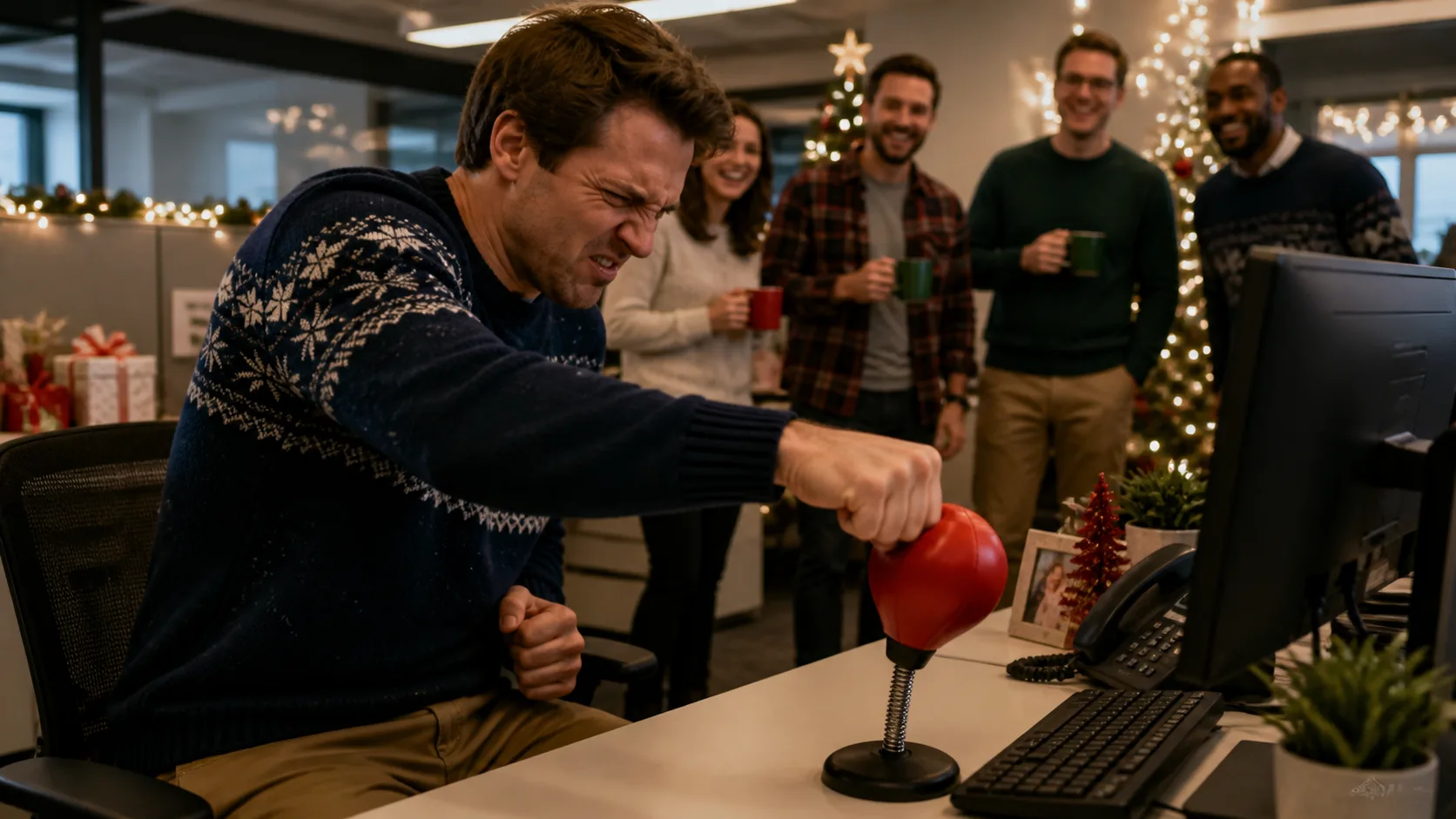 Representative mini punching ball mounted on an office desk beside a keyboard