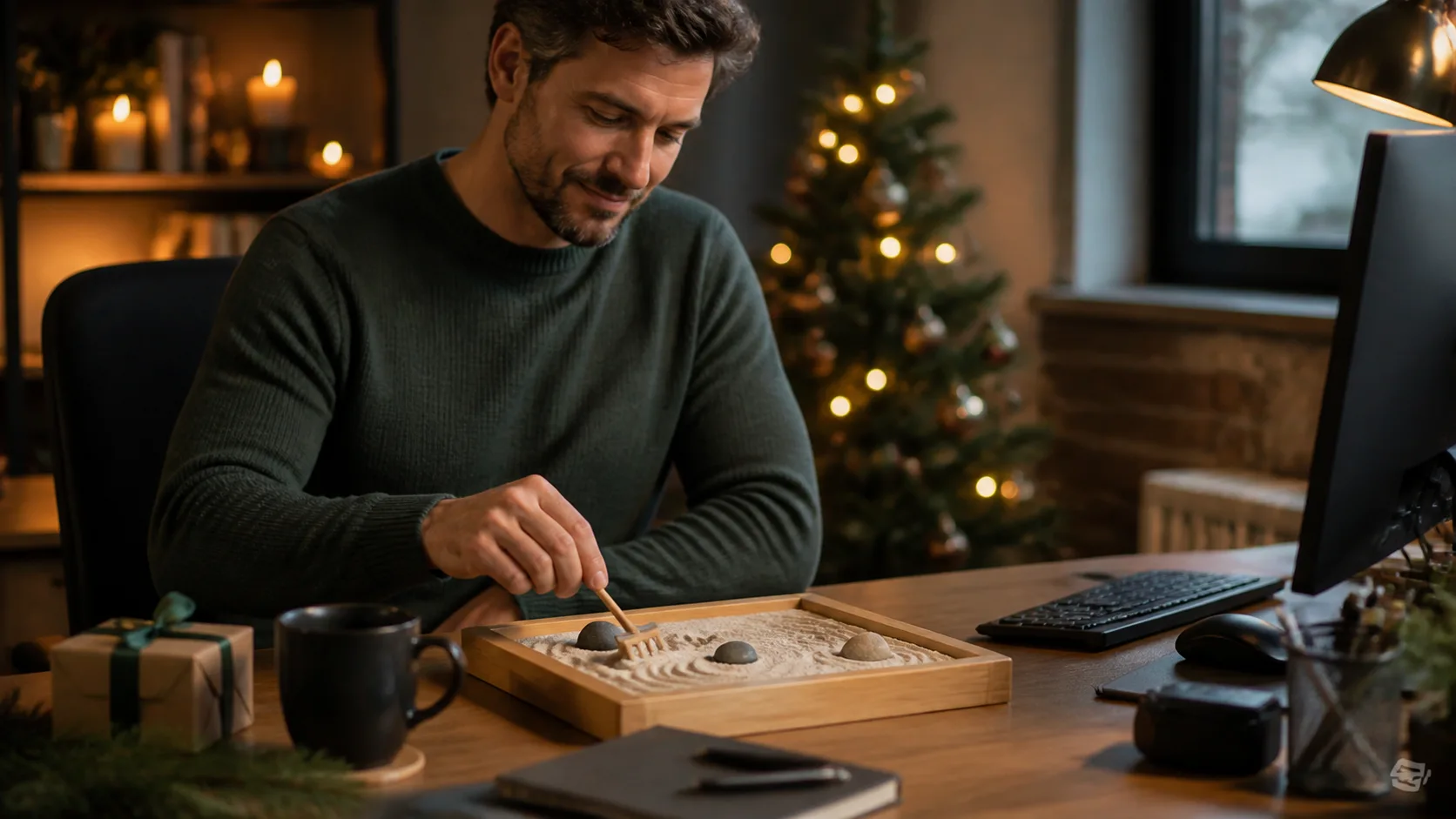 Representative miniature sand garden with rake and stones on an office desk