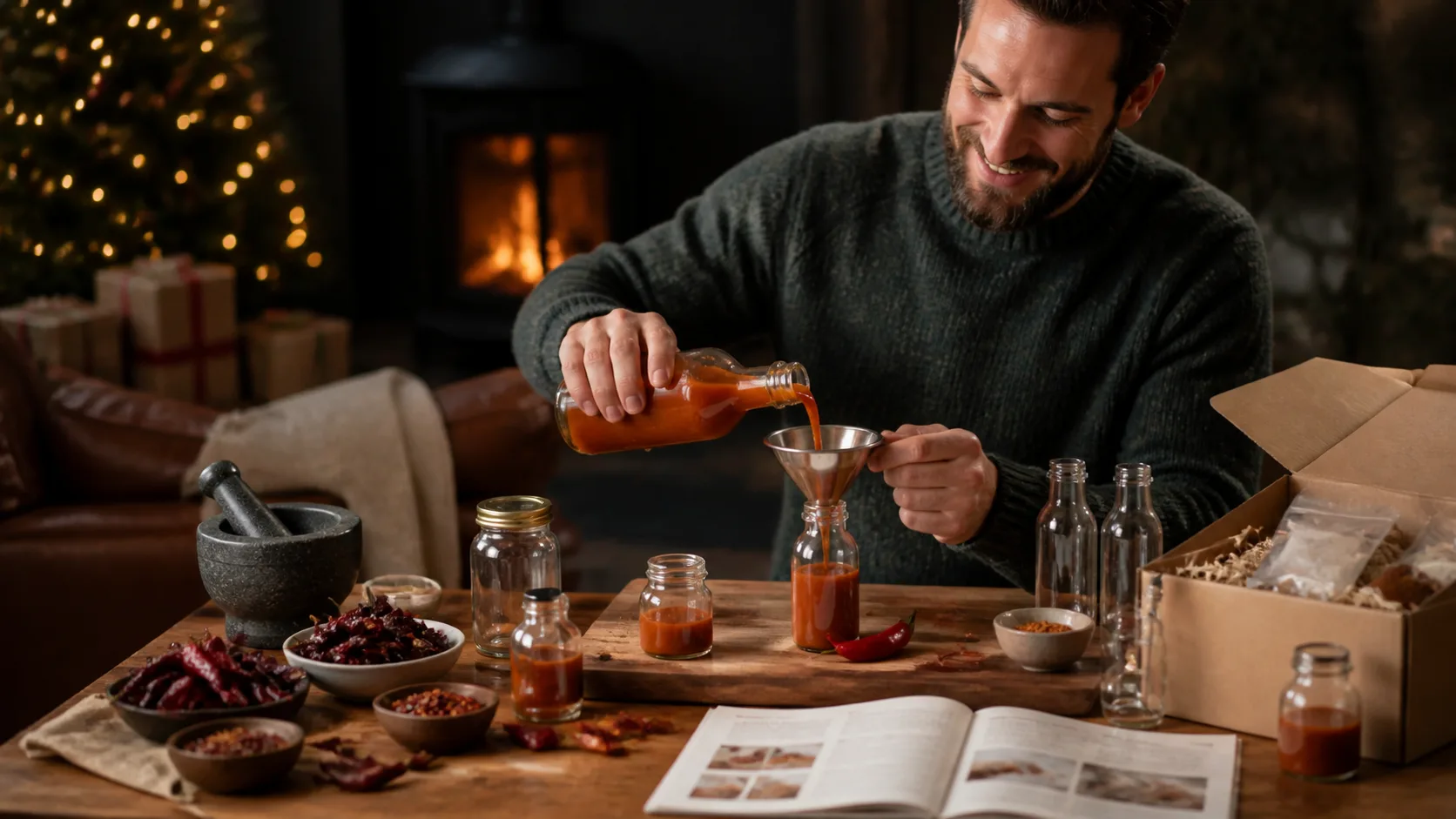 Representative hot sauce making kit with glass bottles, dried chilies, and a funnel