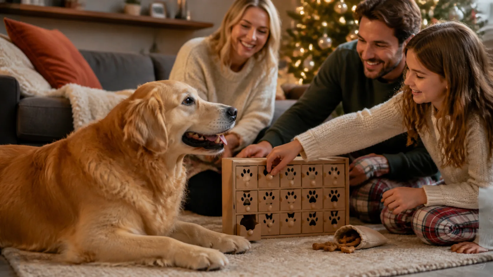 Representative festive countdown box with paw-print doors and small dog biscuits beside a happy dog
