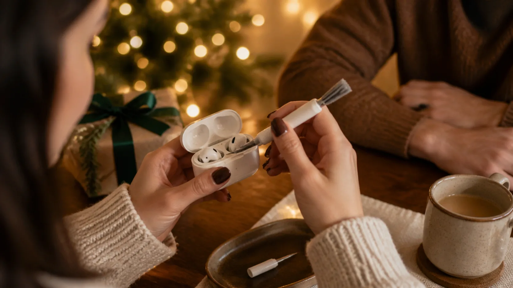 Representative slim cleaning pen with brush tip beside wireless earbuds in a case